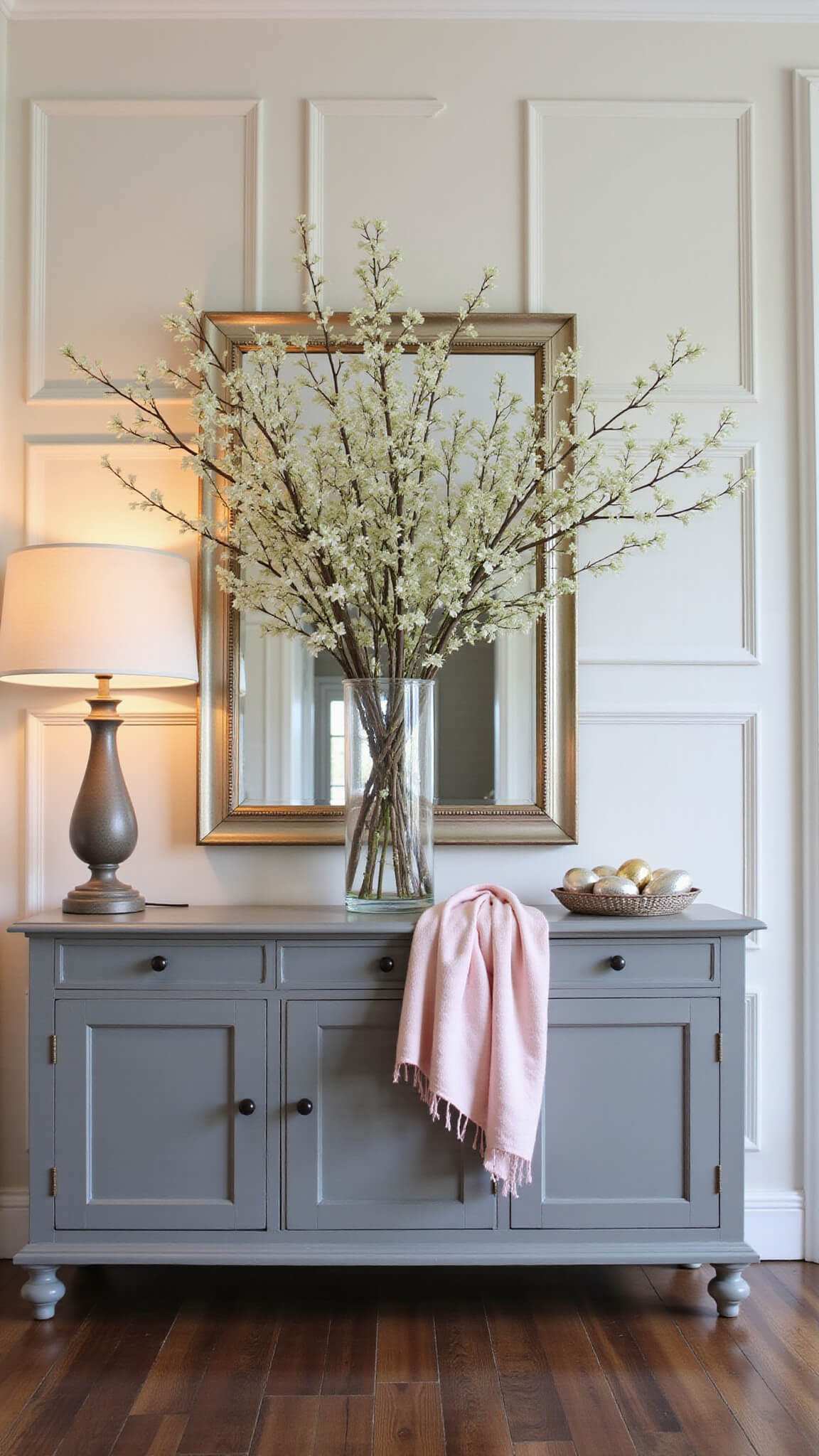 Romantic spring entryway at dusk with antique console, flowering dogwood branches, statement mirror, and soft lighting.