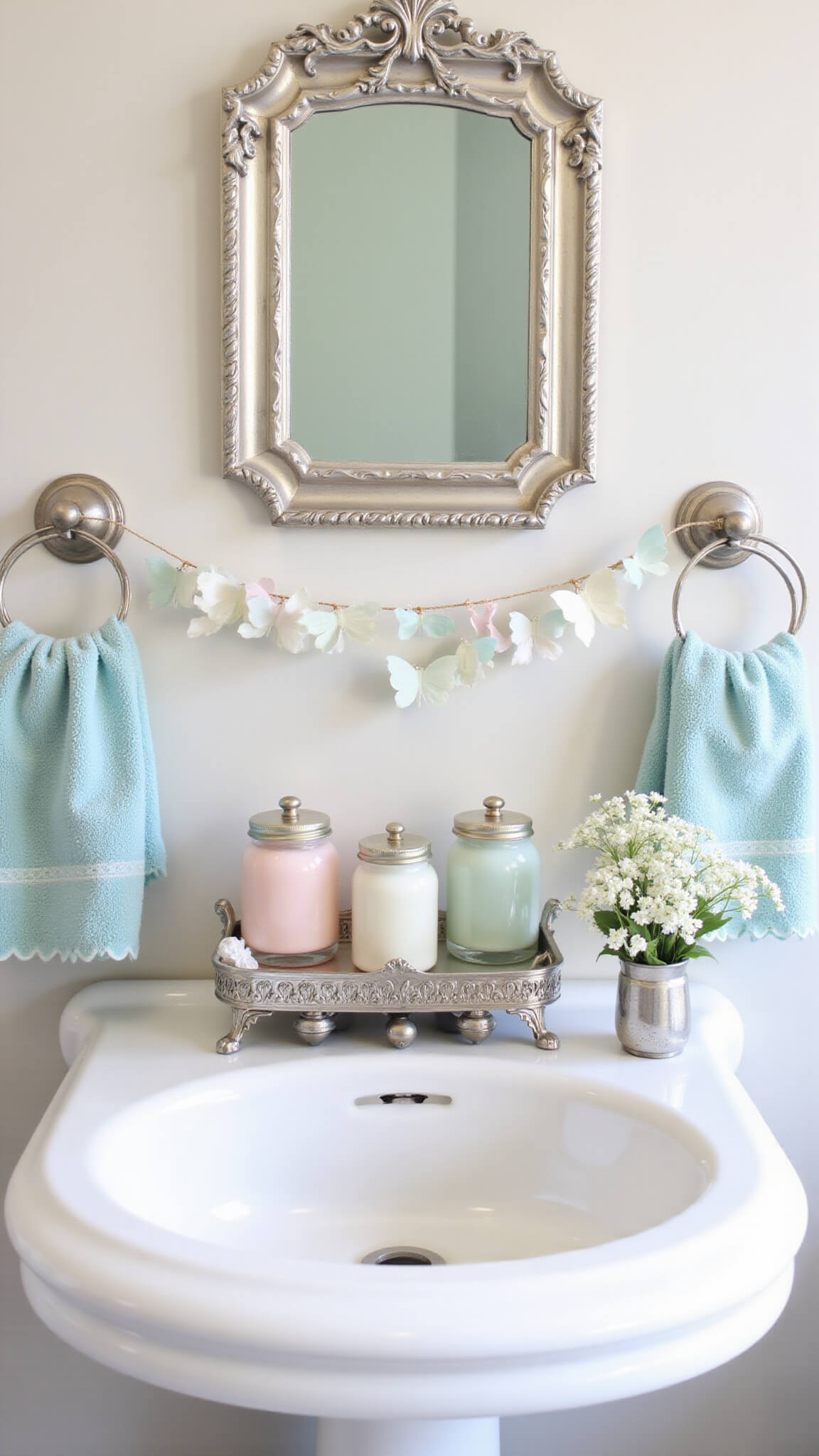 Whimsical powder room with pedestal sink, vintage tray of pastel soaps in milk glass, lily of the valley bouquet, butterfly garland, and pale blue scalloped towels in soft natural light.