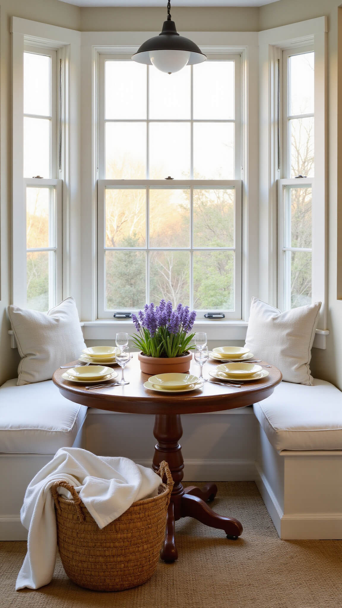 Child's-eye view of cozy breakfast nook at golden hour with built-in benches, pale yellow dishes topped with grape hyacinth plants, woven basket with white throw, and natural fiber rug.