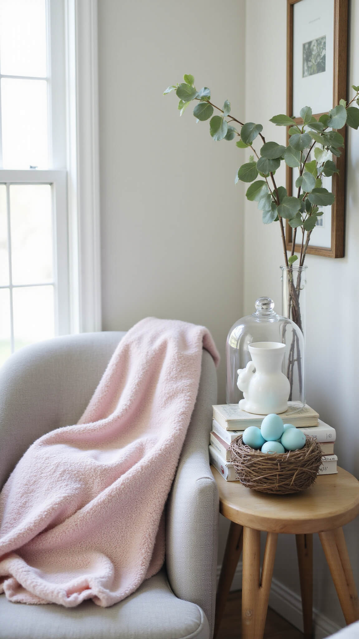 Serene master bedroom reading nook with grey chair, pink throw, vintage books, glass cloche with nest and blue eggs, white bunny figurine, and eucalyptus in glass pitcher.