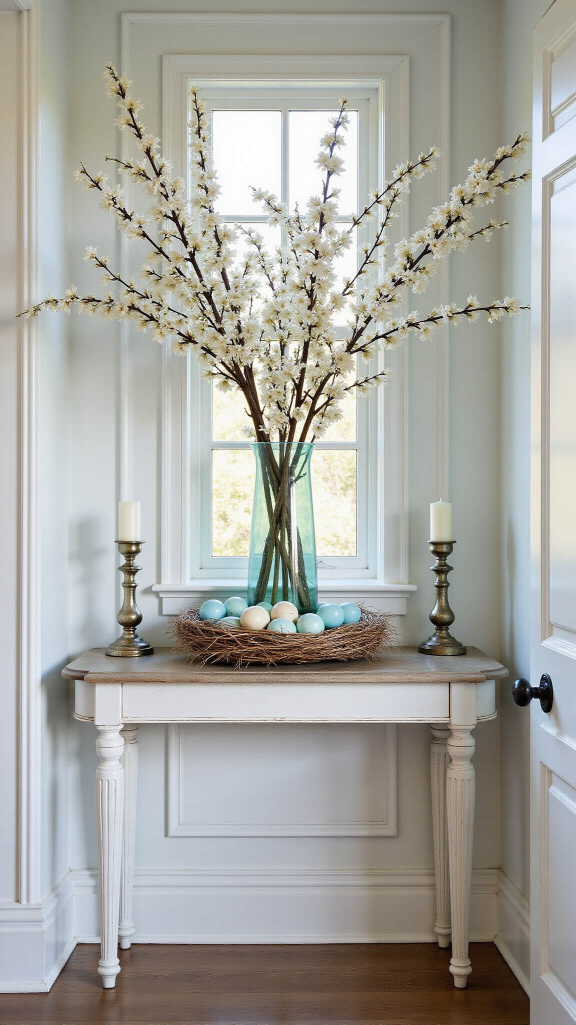 Elegant 10-foot foyer with crown molding and wainscoting, featuring a distressed white console table adorned with cherry blossoms in a tall glass vase, ceramic eggs in a grass nest, and vintage mercury glass candle holders, softly lit by golden hour light.