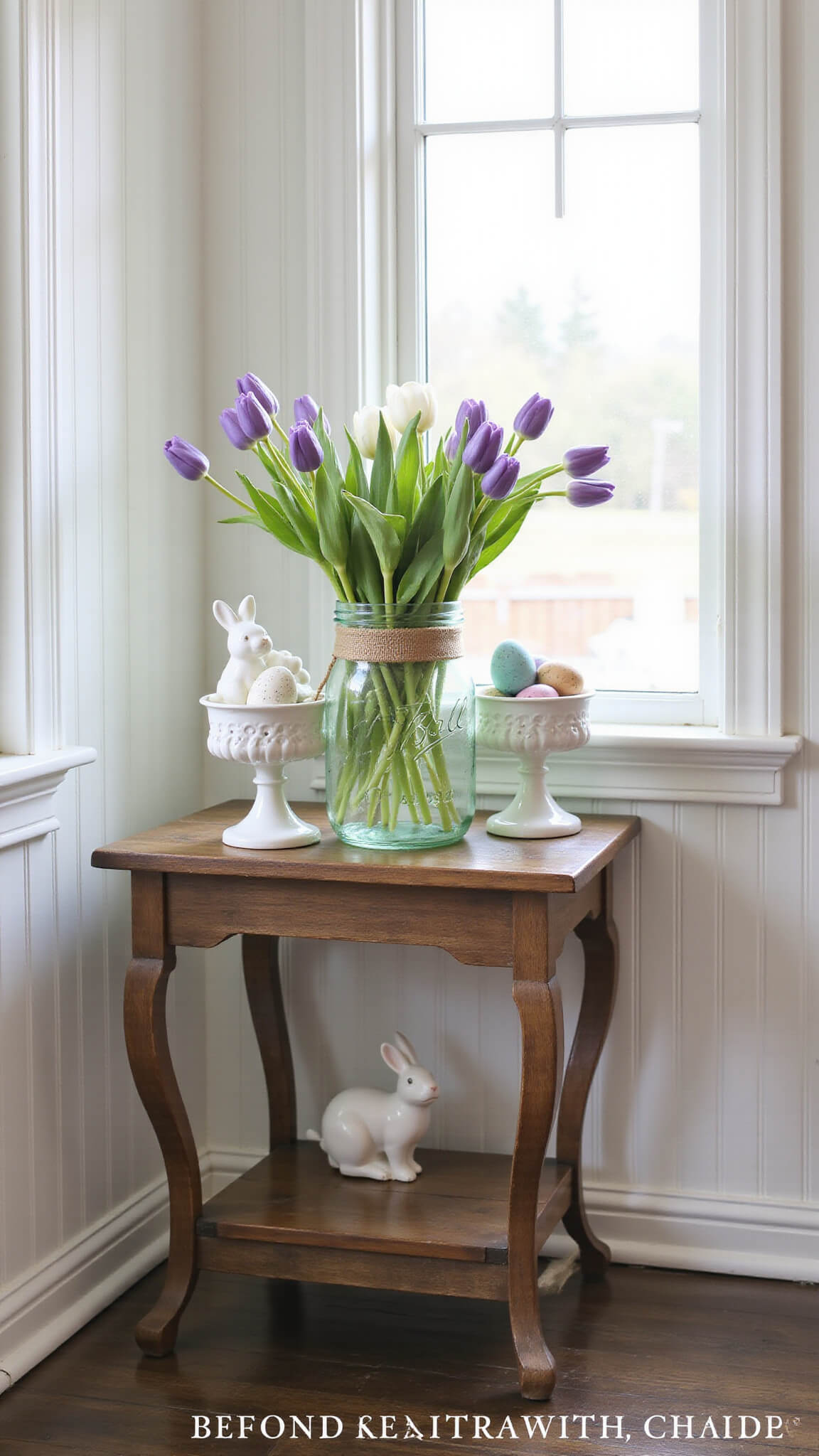 Cozy cottage entryway with soft white beadboard walls, rustic wooden console, lavender and white tulips in mason jars, pastel eggs in milk glass, and distressed white ceramic bunnies.