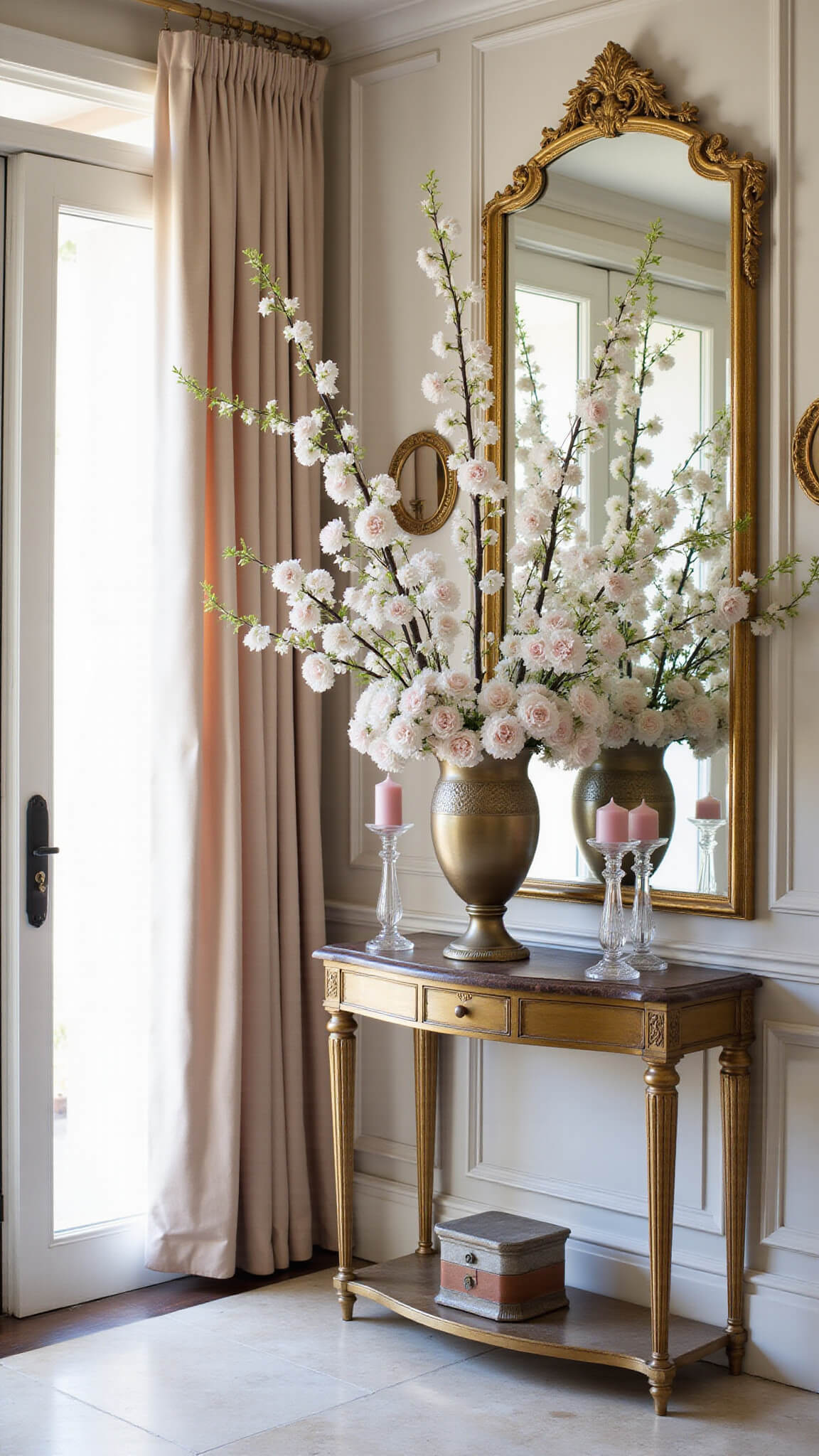 Elegant entrance hall with marble floors, antique brass console, cherry blossoms and peonies in champagne vase, blush candles, and gilt mirrors in soft afternoon light.