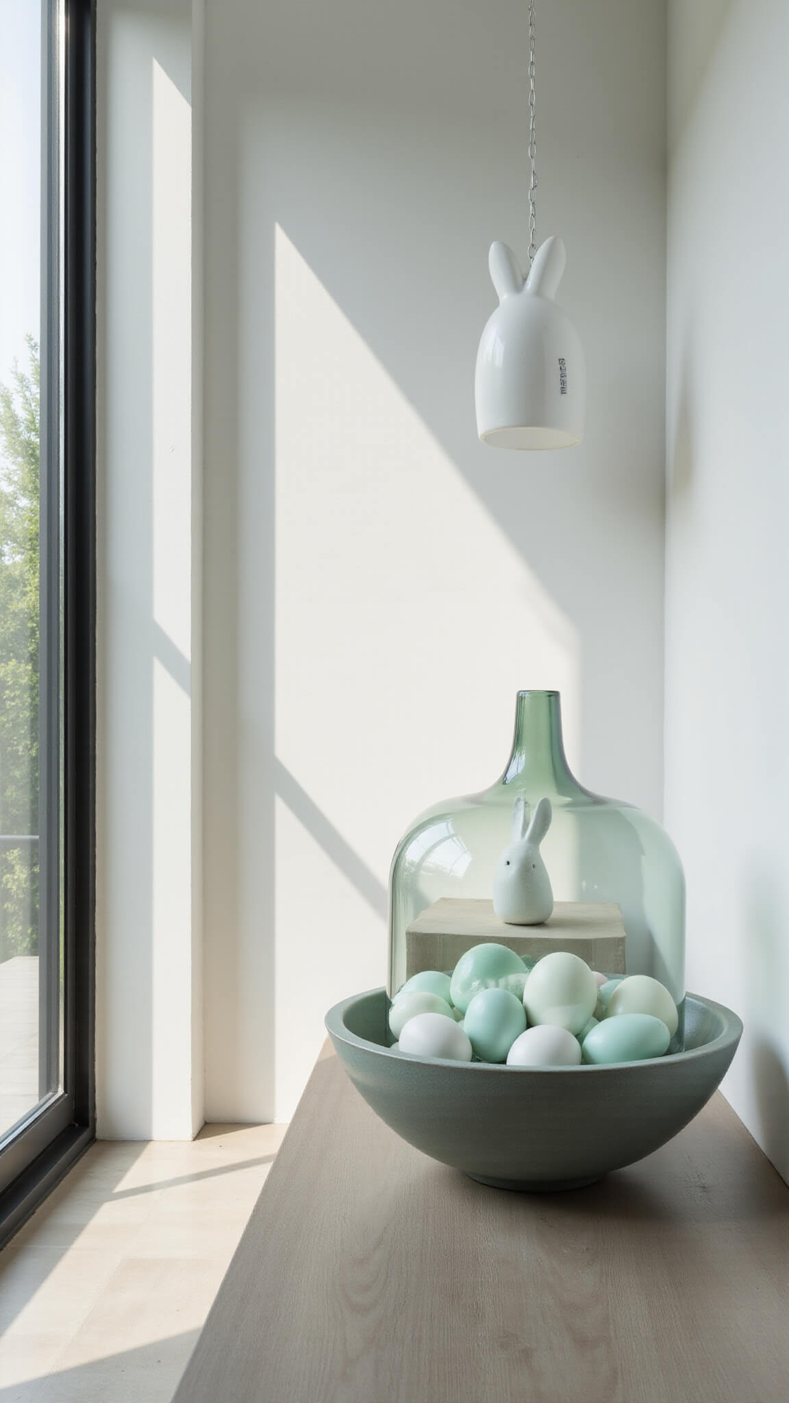 Modern entryway with floor-to-ceiling windows, floating shelf displaying ombre mint-to-white eggs in ceramic bowl and glass cloche with white ceramic bunny.