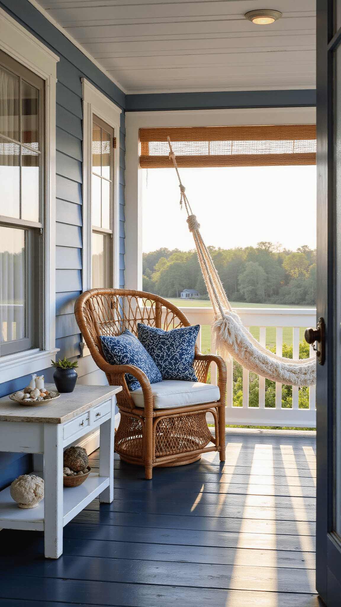 Cozy beach cottage porch at sunrise with vintage rattan peacock chair, indigo pillows, hammock, striped navy and white floor, and morning light casting shadows through bamboo blinds.