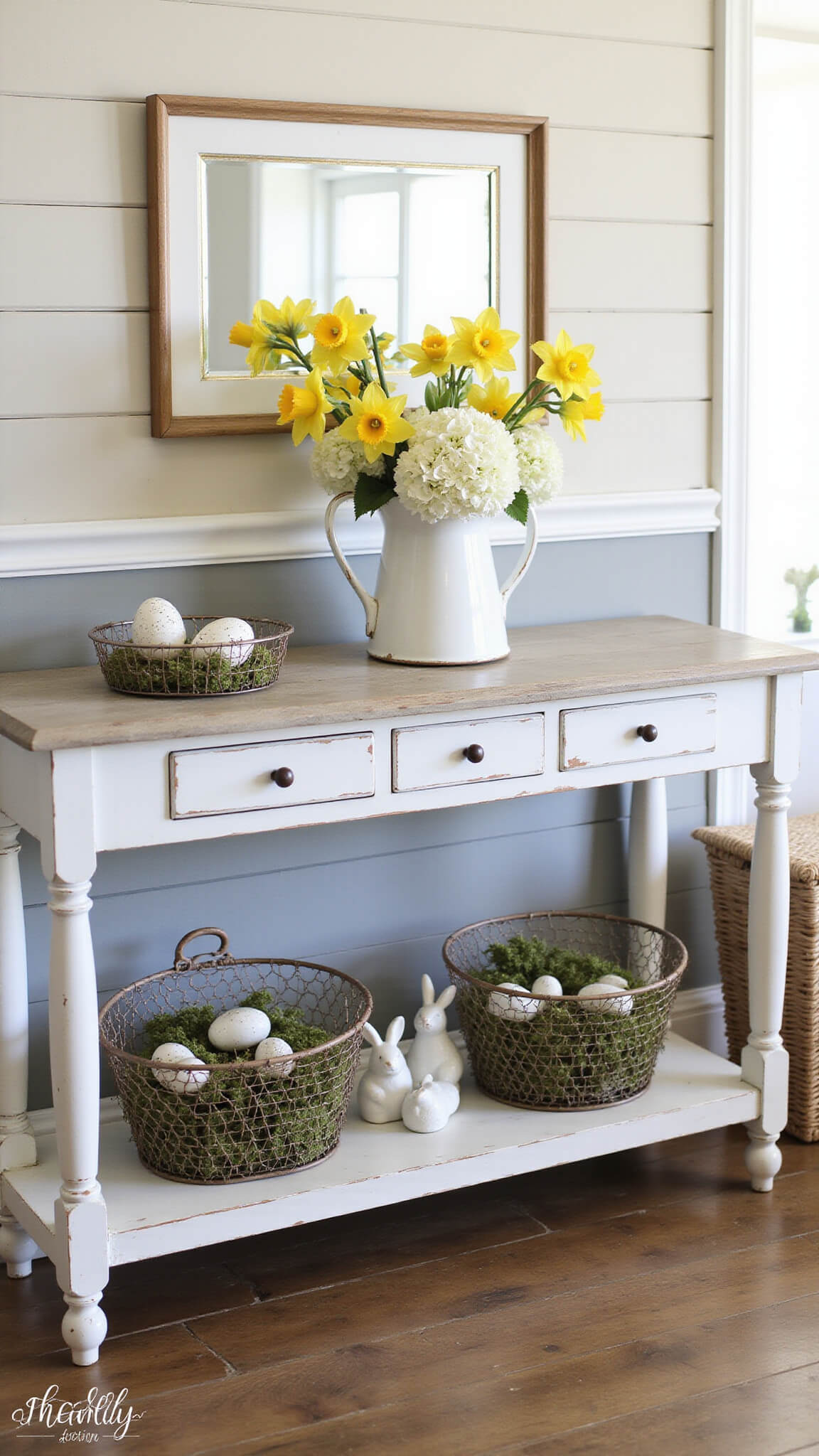 Farmhouse entryway with shiplap walls, vintage wainscoting, and weathered grey console table adorned with white hydrangeas, yellow daffodils, ceramic bunnies, and rustic spring decor in soft morning light.