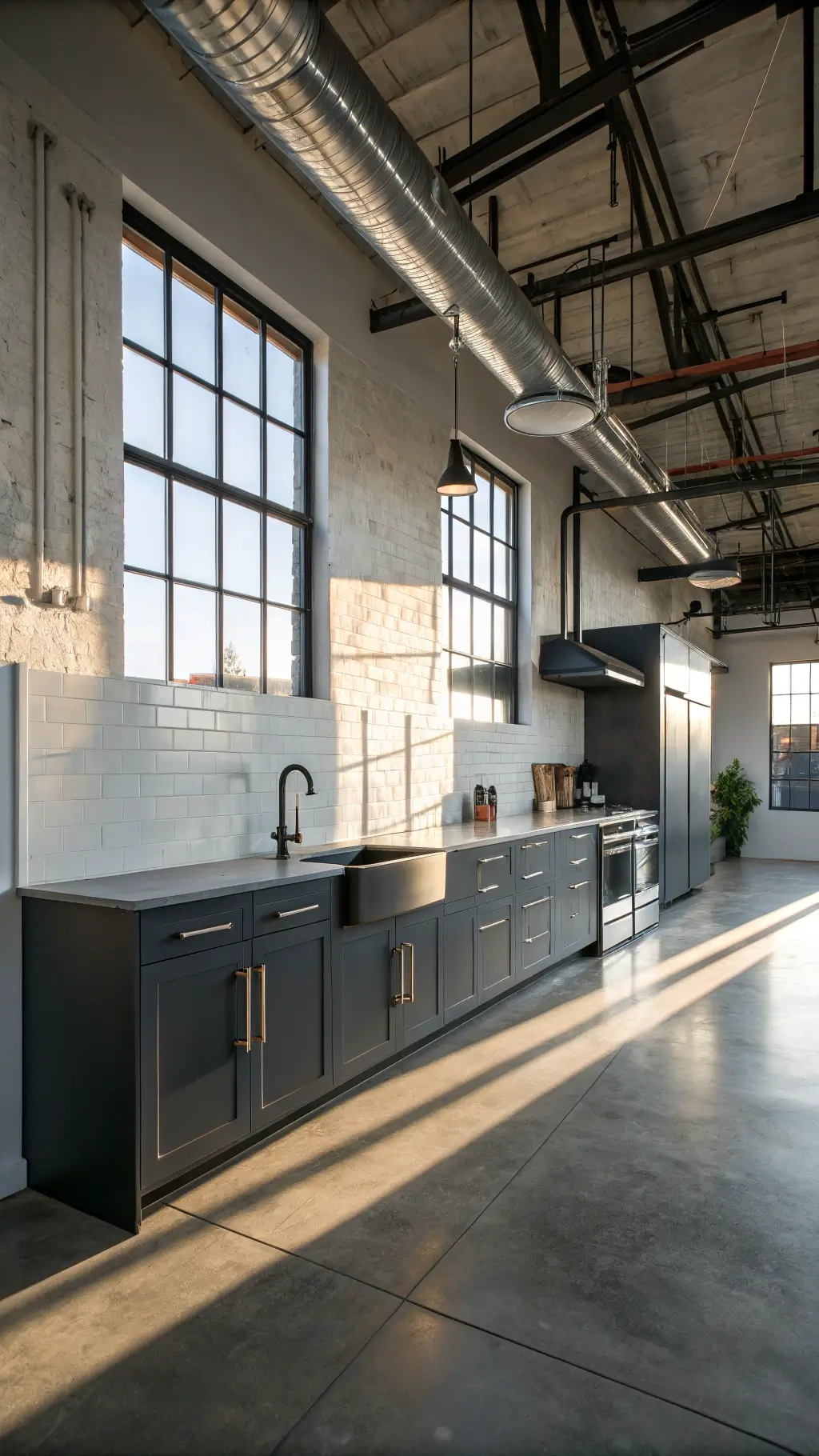 Industrial chic kitchen with exposed ductwork, concrete floors, and charcoal gray cabinets in afternoon sunlight.