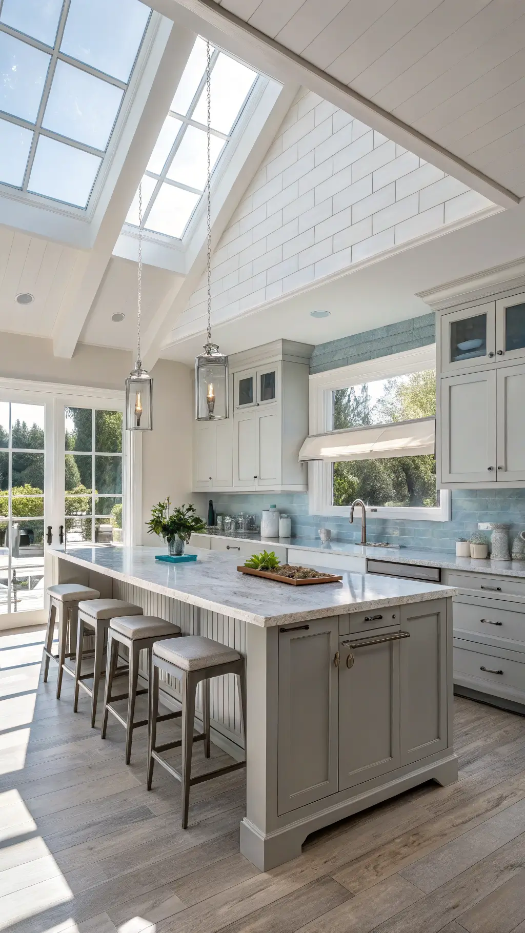 Contemporary coastal kitchen with vaulted ceiling, skylight, marble waterfall island, light gray cabinets, pale blue backsplash, and coastal decor.