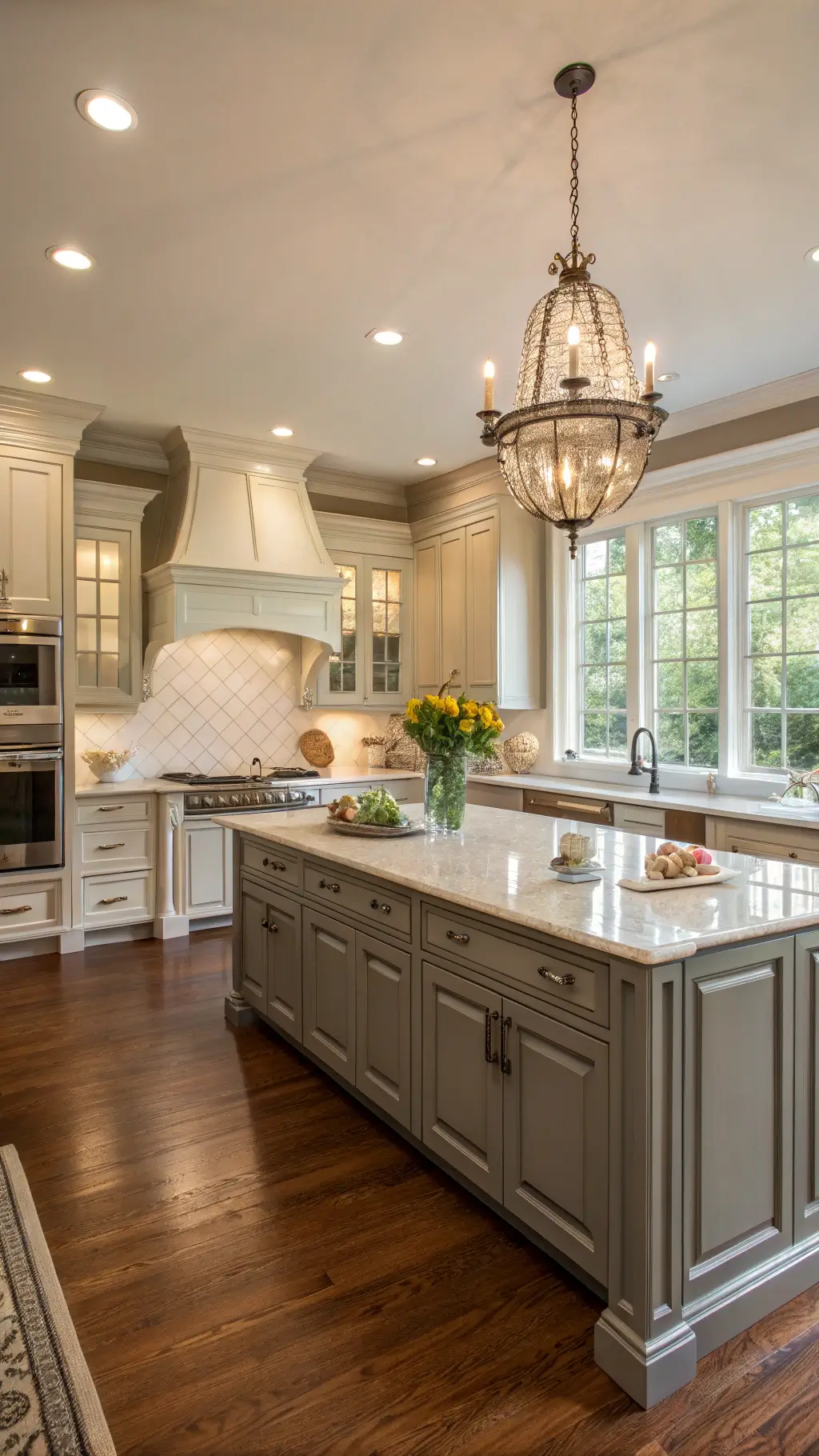 Elegant traditional kitchen with gray raised-panel cabinets, white marble counters, and hardwood floors illuminated by golden hour light through French doors.