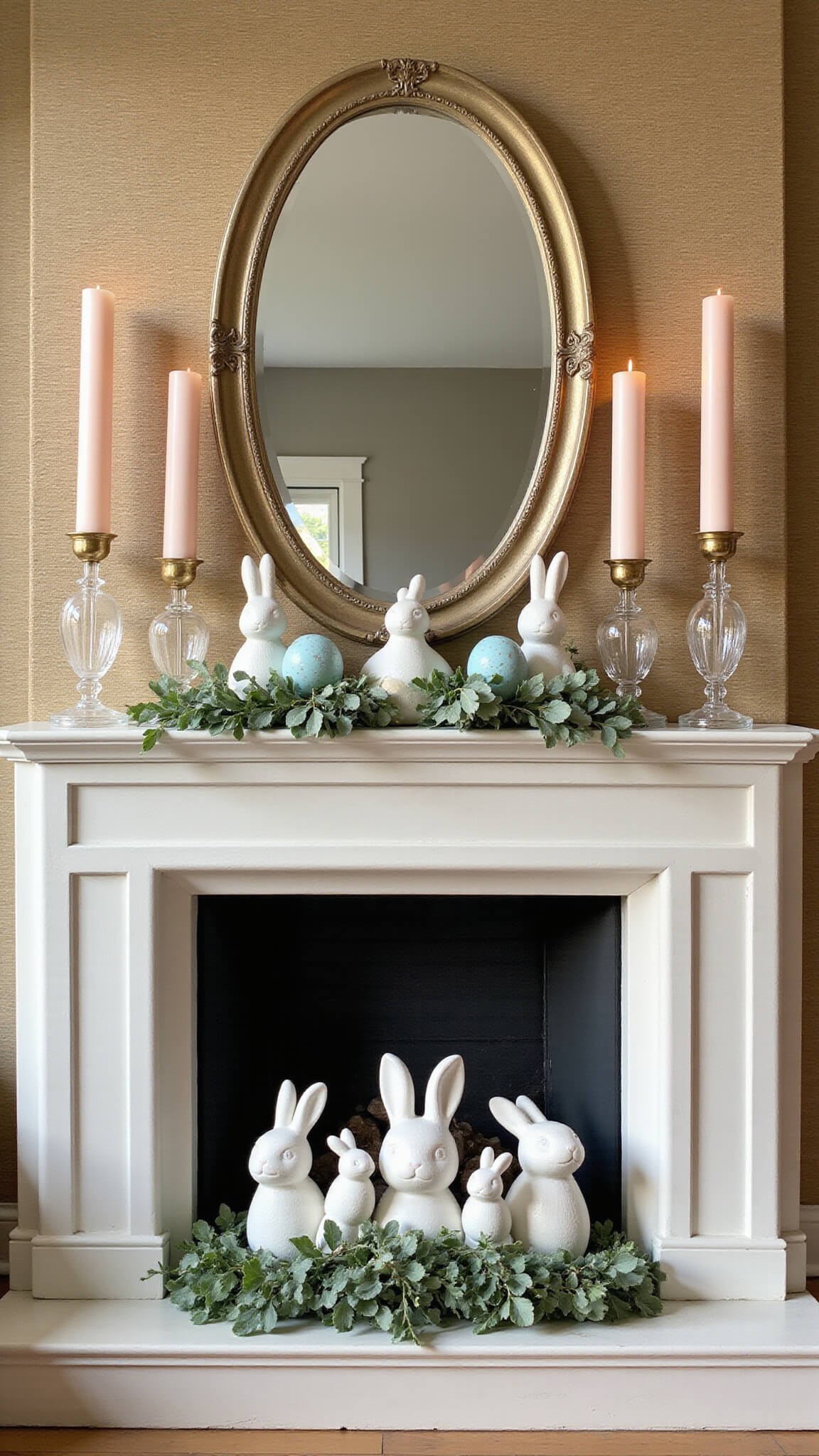 Elegant living room with high ceilings and a limestone fireplace mantel decorated for Easter with ceramic bunnies, blush candles, eucalyptus garland, and gold accents, bathed in warm golden hour light.
