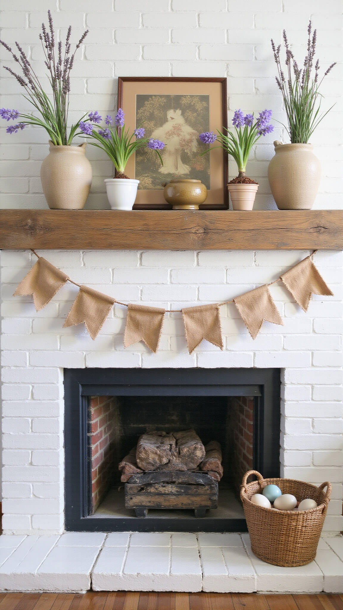 Low-angle view of a cozy cottage living room with whitewashed brick fireplace, rustic Easter decor including terra-cotta pots with purple hyacinths, earth-toned eggs in woven baskets, burlap bunting, and dried lavender bundles in soft natural light.
