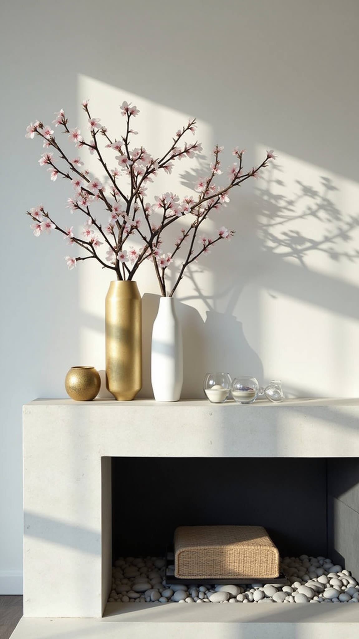 Modern minimalist great room with concrete fireplace, cherry blossom stems in white ceramics, and decorative brass, glass, and stone accents in soft morning light.