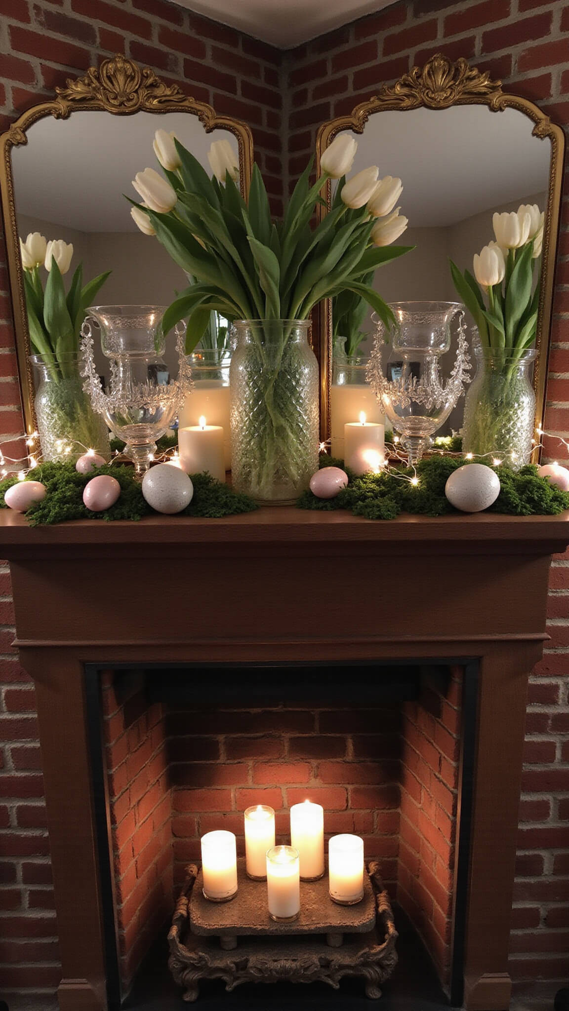 Moody corner view of cozy sitting room with brick fireplace, tulip-filled mercury glass vases, pastel Easter decor, and glowing ambient lighting at dusk.