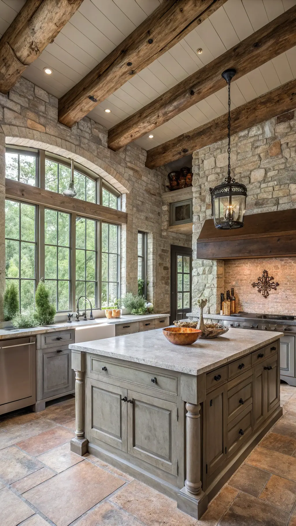 Rustic luxe 18x24ft kitchen with weathered gray cabinets, limestone counters, reclaimed brick backsplash, and exposed ceiling beams, styled with vintage copper and natural light.