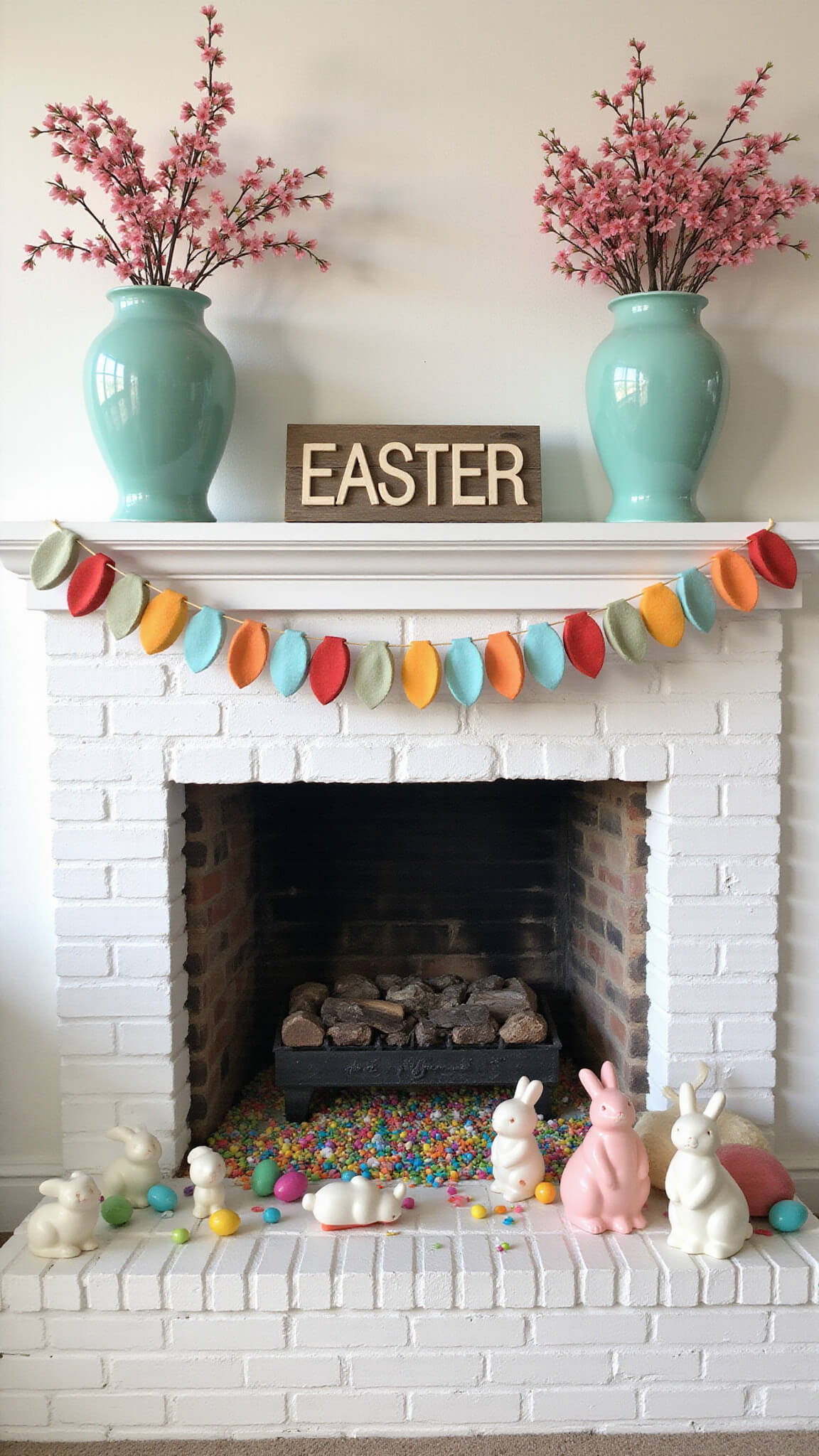 Easter-themed family room with white brick fireplace, felt egg garland, cherry blossom vases, ceramic bunnies, and rustic EASTER sign.