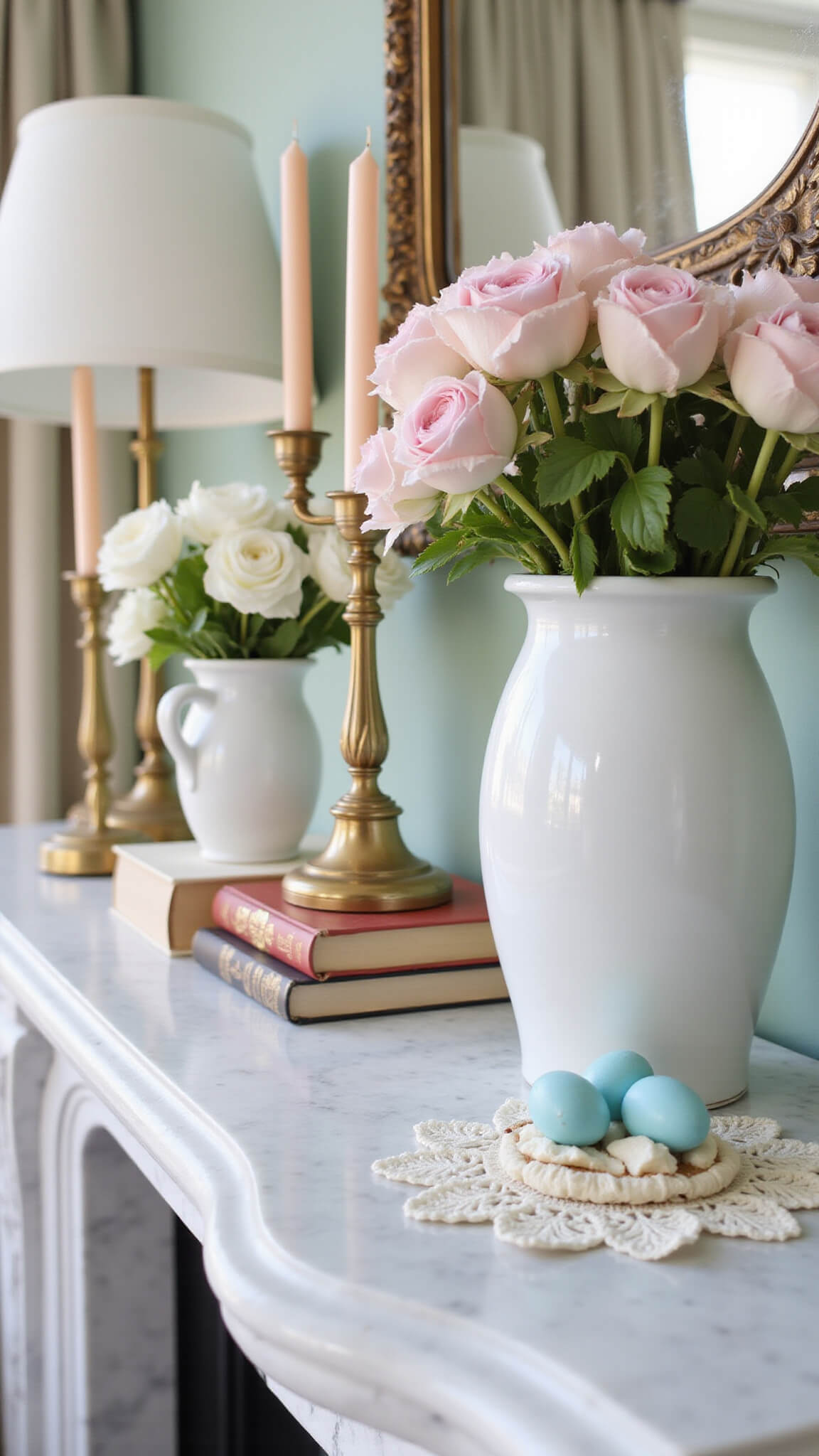 Close-up of marble fireplace mantel with milk glass vases of pink ranunculus and white anemones, brass candlesticks with blush tapers, gold-edged books, and porcelain robin's egg blue eggs on lace doilies.