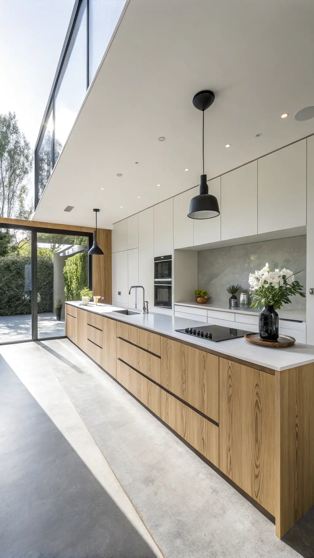 Modern minimalist 10x12ft kitchen with oak cabinets, white waterfall quartz countertops, polished concrete floors, and single black pendant light above orchid in black vessel.