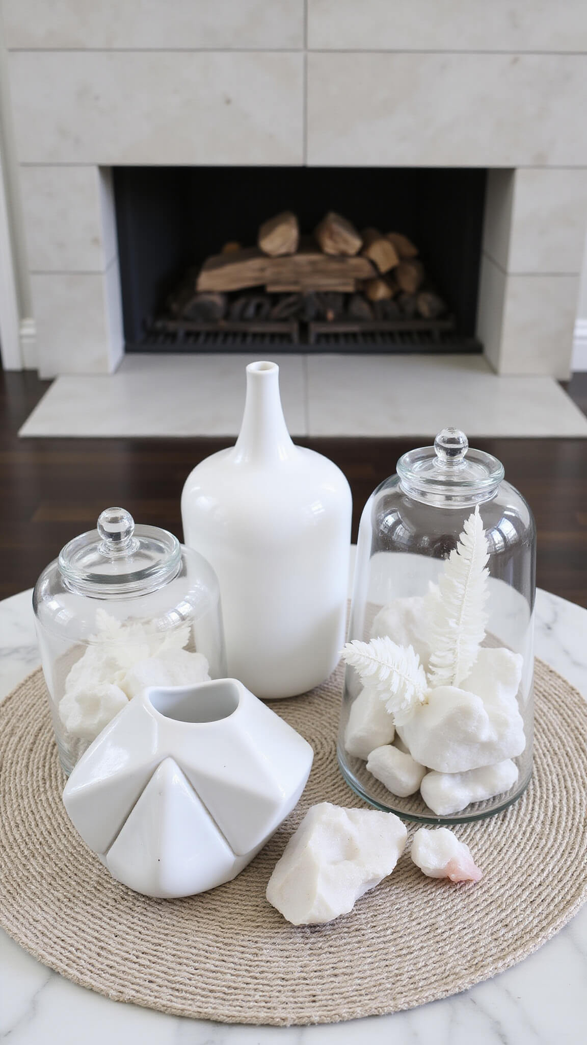Bird’s eye view of minimalist 19x21ft living space with limestone fireplace, white ceramic vessels, bleached botanicals, geometric marble decor, glass cloches with feathers, chunky knit runner, and scattered quartz crystals.
