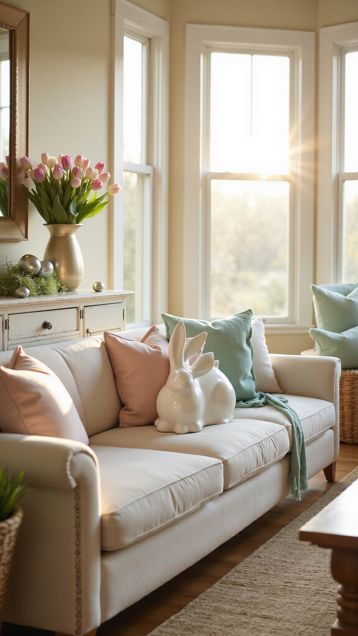 Sunlit living room with cream sofa and pastel pillows, large bay windows glowing in golden hour light, white ceramic bunny on console table with mercury eggs and tulips, woven baskets with faux grass and metallic eggs, soft bokeh background.