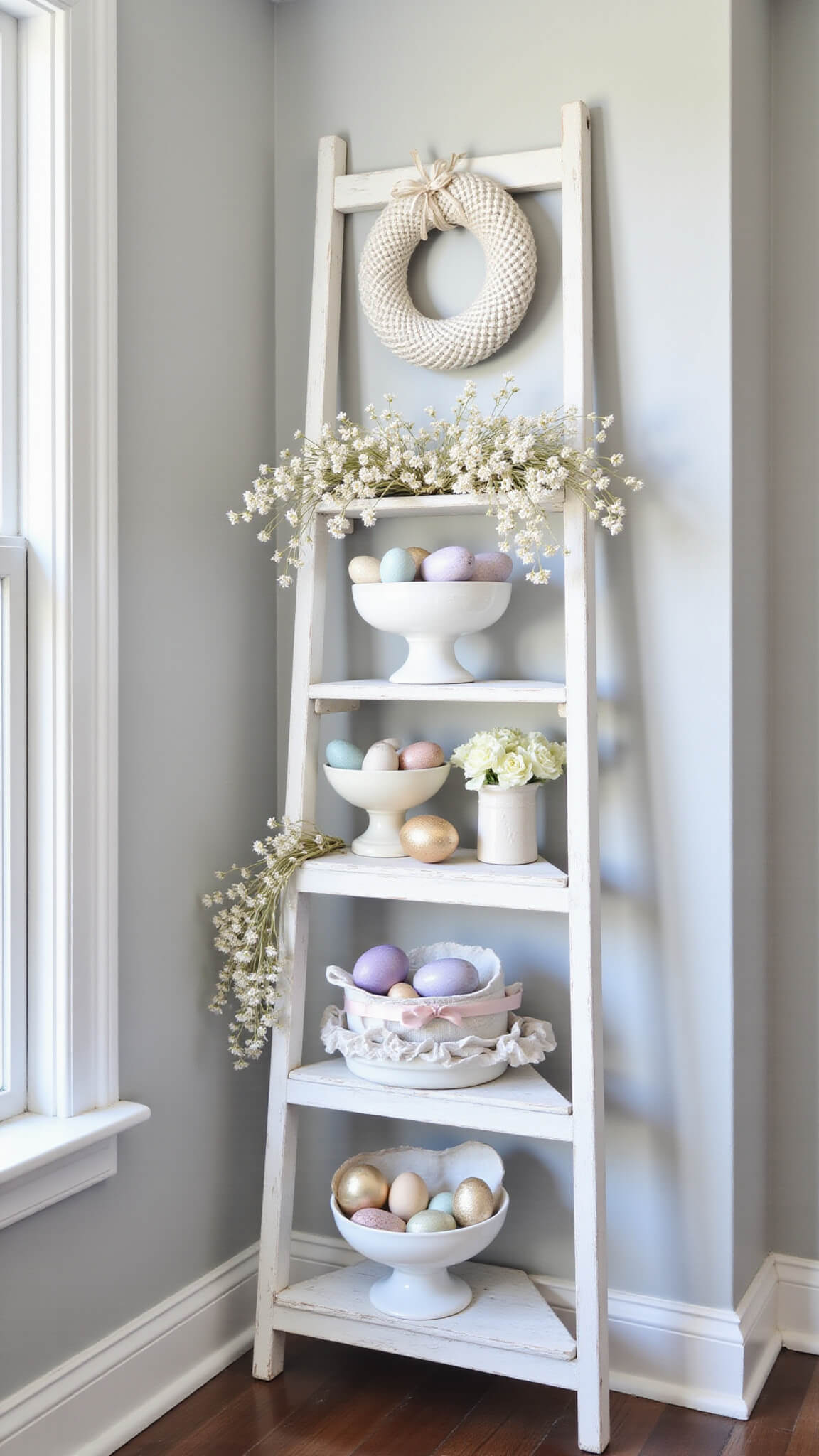 Vintage ladder shelf with Easter eggs in milk glass bowls, adorned with cascading paper flowers and a pastel-accented wreath, in softly lit traditional living room corner.