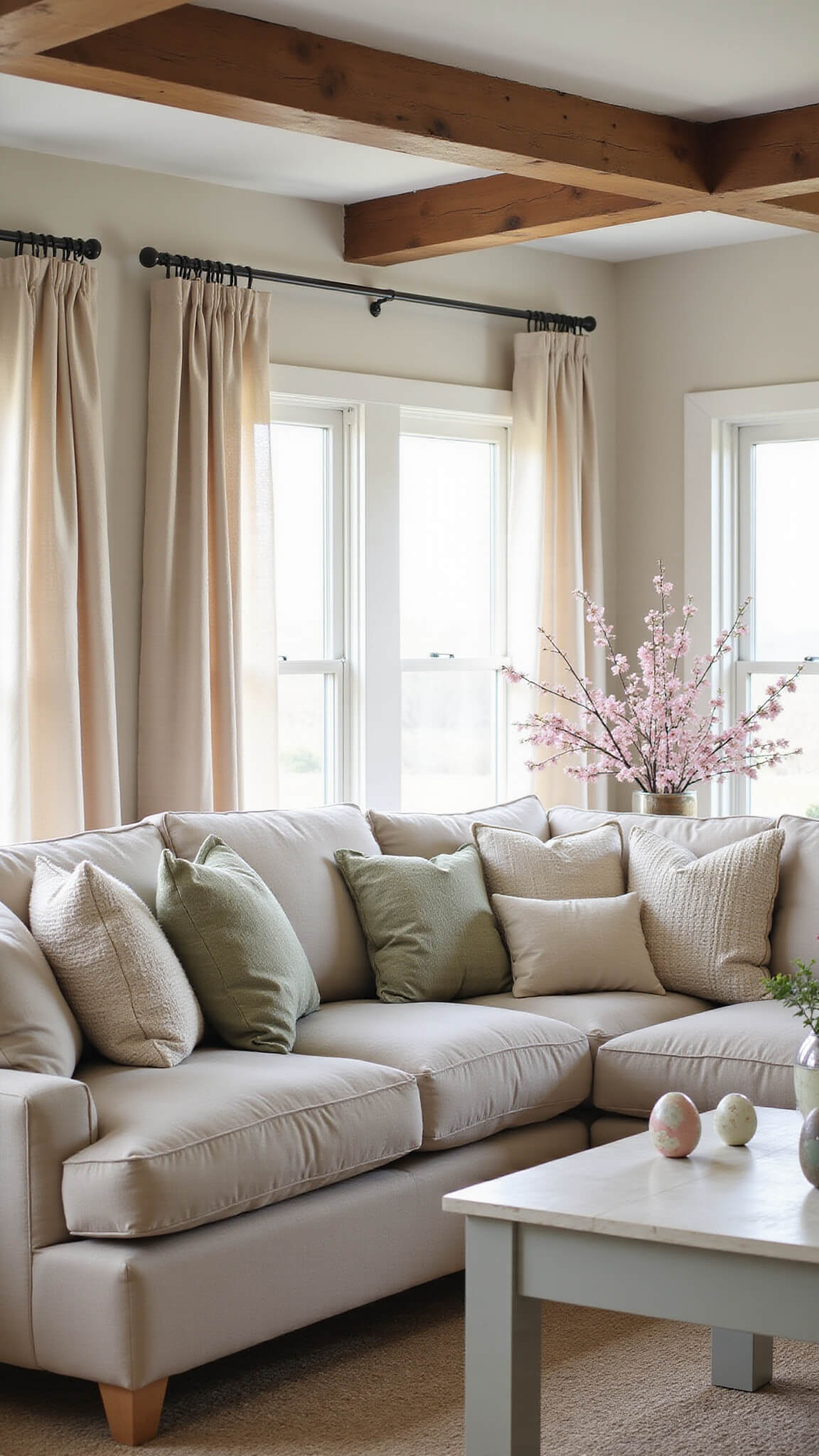 Modern farmhouse living room at sunrise with exposed wooden beams, oatmeal linen sectional, textured pastel pillows, cherry blossom centerpiece on a coffee table, and soft light filtering through sheer curtains.