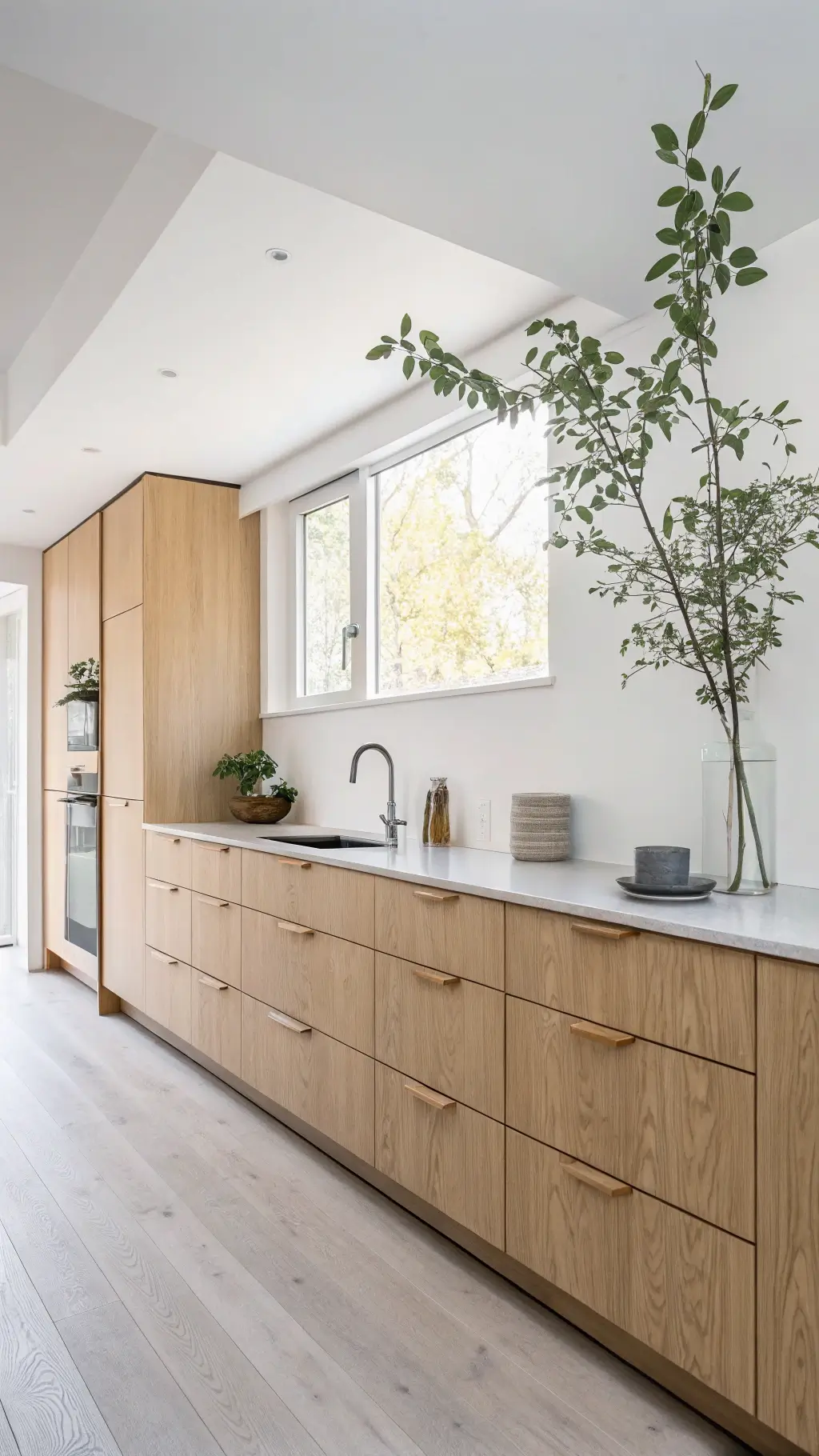 Minimal Scandinavian kitchen with blonde oak cabinets, pale ash flooring, white walls, and eucalyptus branch in glass vase.