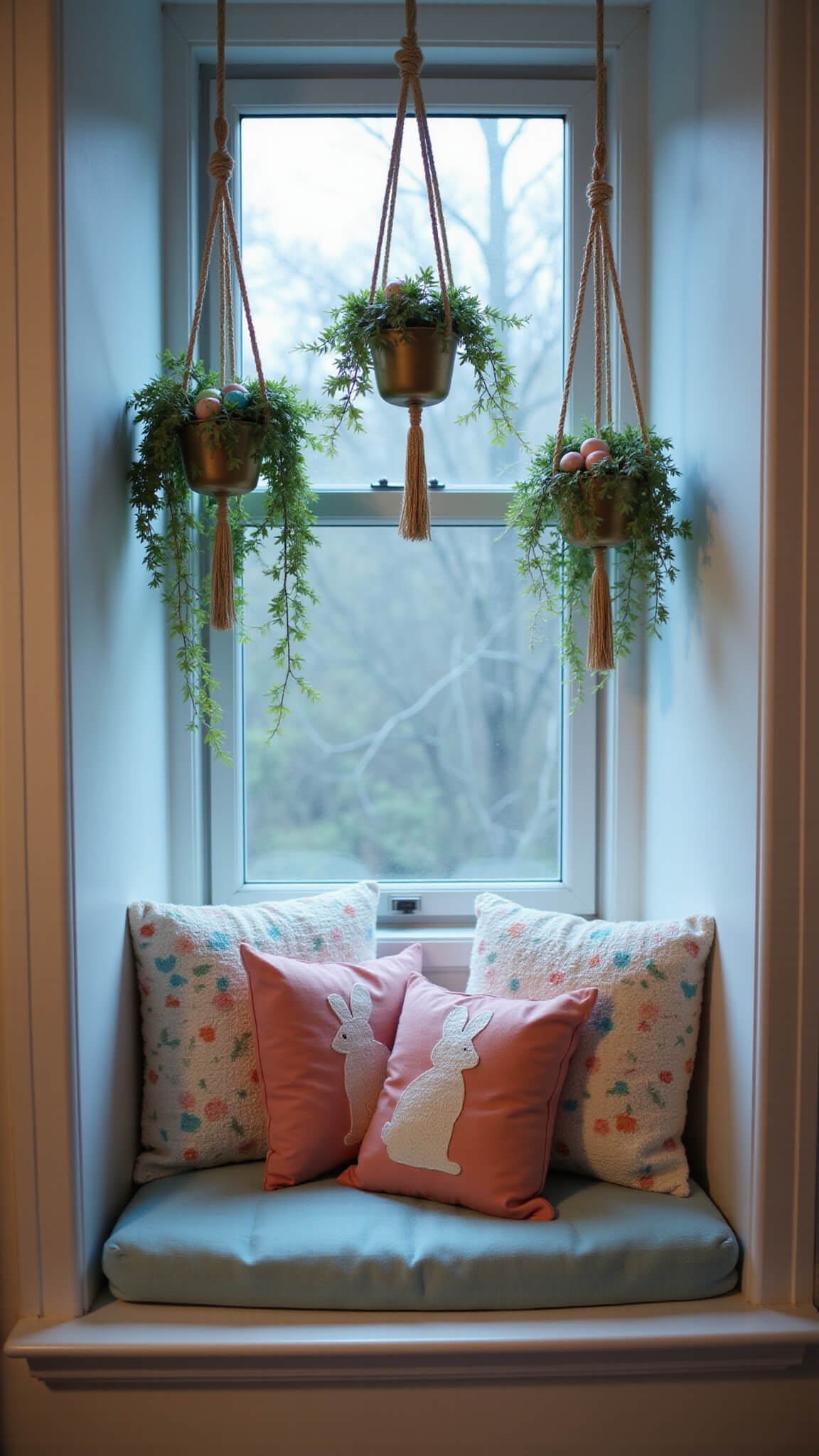 Easter-themed cozy window nook with plush spring cushions, rabbit pillows, and hanging macramé planters holding greenery and pastel eggs, softly lit during blue hour.