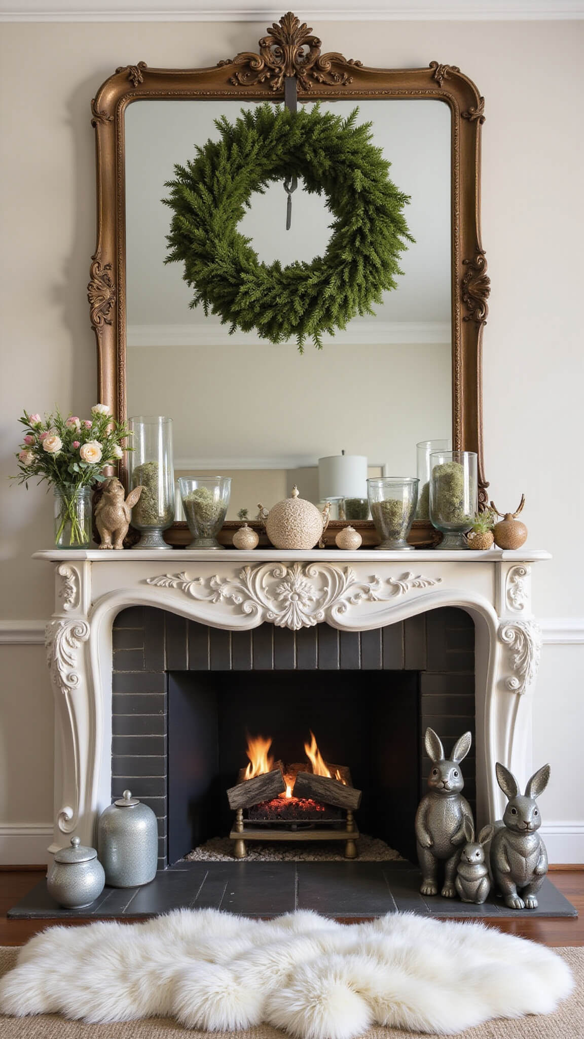 Elegant dusk-lit living room with grand fireplace, antique mirror topped with large botanical wreath, mercury glass hurricanes, moss eggs, vintage rabbits on mantel, and spring blooms on sheepskin rug.