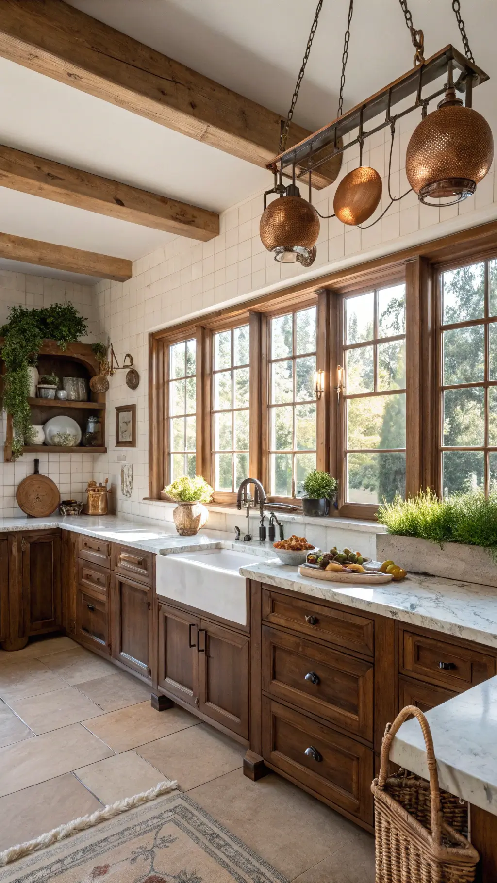 Rustic farmhouse kitchen with walnut cabinets, marble island, vintage copper pots, and warm sunlight filtering through sheer curtains.