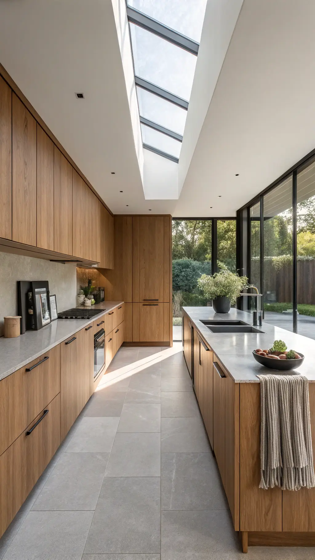 Modern minimalist kitchen with tall oak cabinets, black hardware, and soft dawn light casting shadows; orchid centerpiece on island with textured linens and pottery accents.