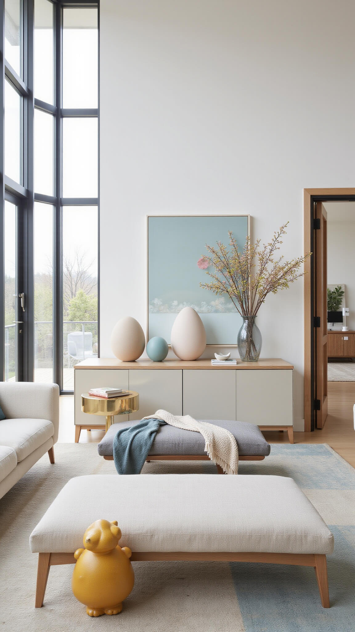 Minimalist open-concept living room with floor-to-ceiling windows, geometric Easter egg sculptures on a floating credenza, abstract floral art, and sleek furniture in white, yellow, blue, and brushed gold tones.