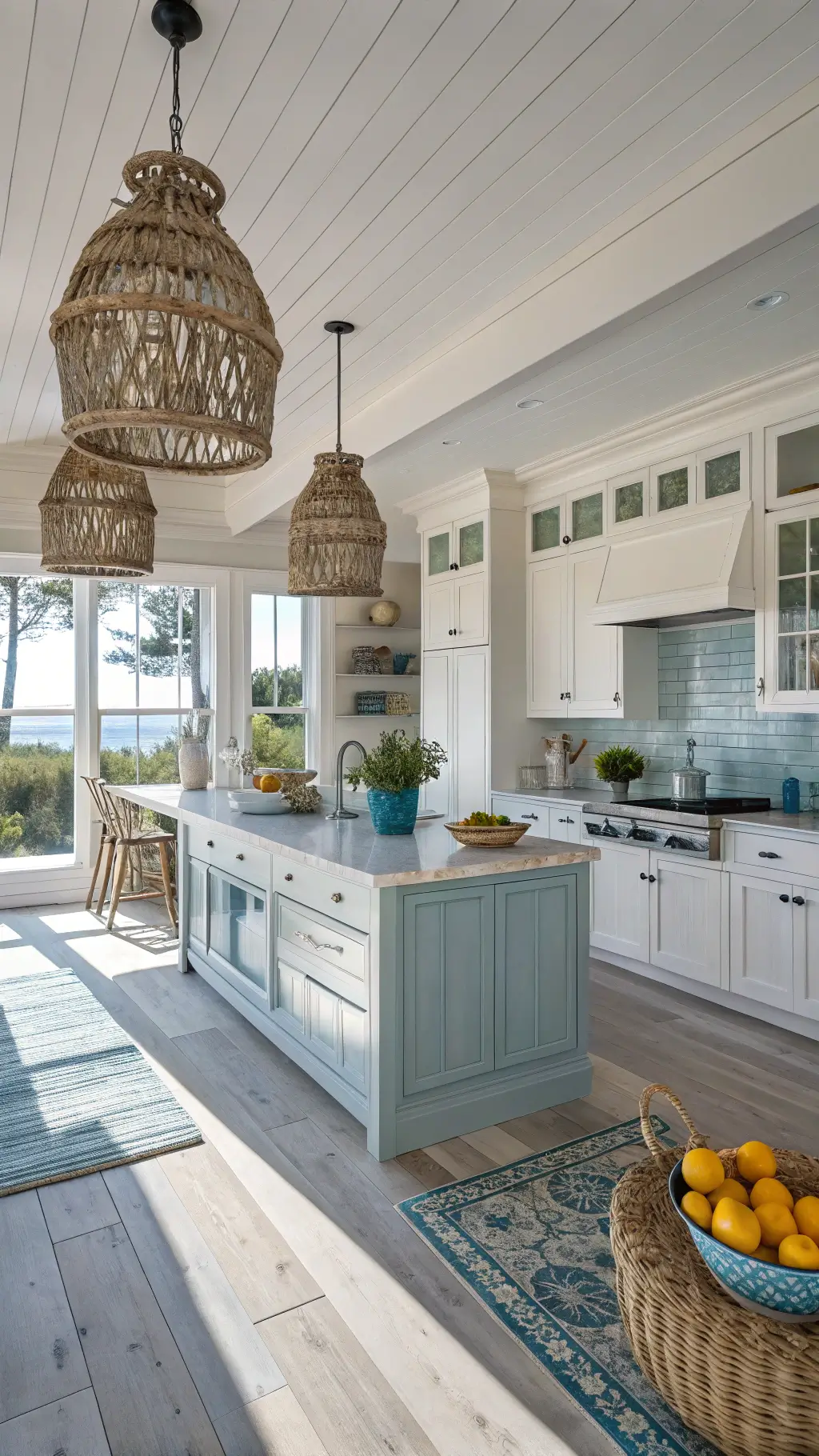 Low-angle view of sunlit coastal kitchen with whitewashed pine cabinets, rattan pendant lights, ocean-toned ceramics, and driftwood bowl of lemons.