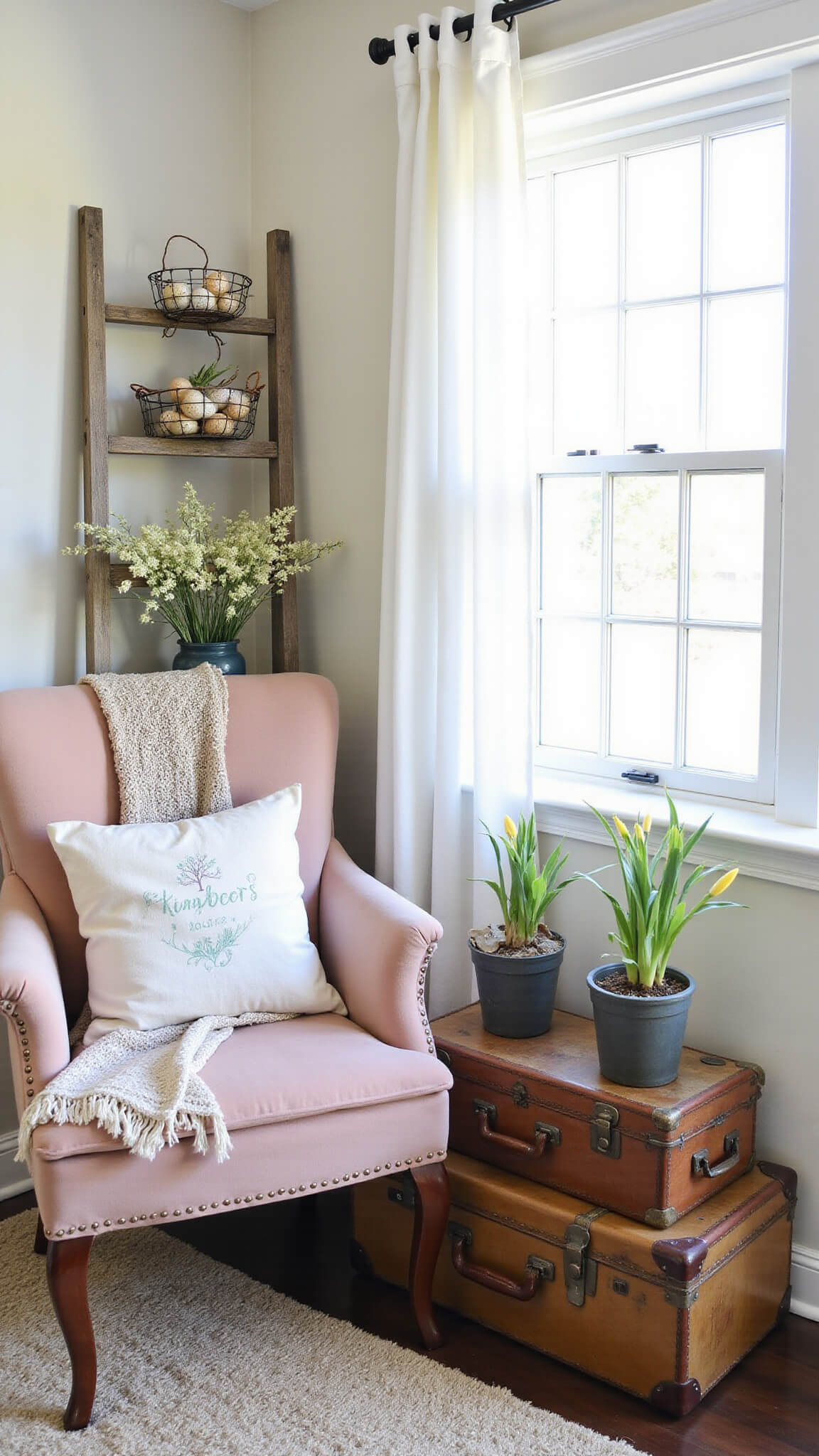 Rustic elegant living room corner with vintage ladder, wire baskets of eggs and wildflowers, blush velvet chair with throw and Easter pillow, stacked suitcases with spring bulbs, in warm diffused light.