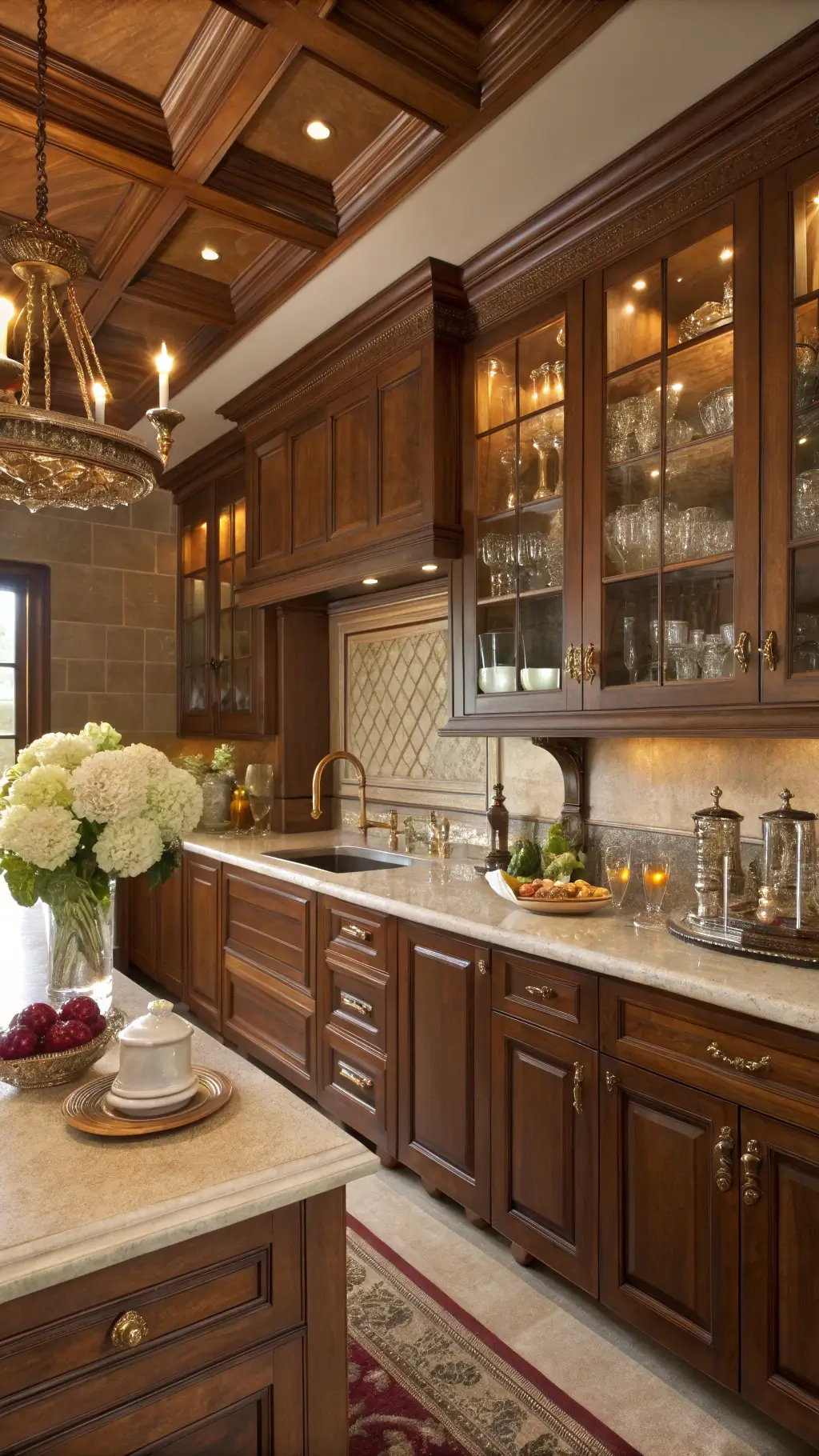 Elegant 20x24ft kitchen with cherry wood cabinets, coffered ceiling, glowing afternoon light, crystal decanters, copper cookware, brass fixtures, and fresh hydrangeas in a porcelain vase.