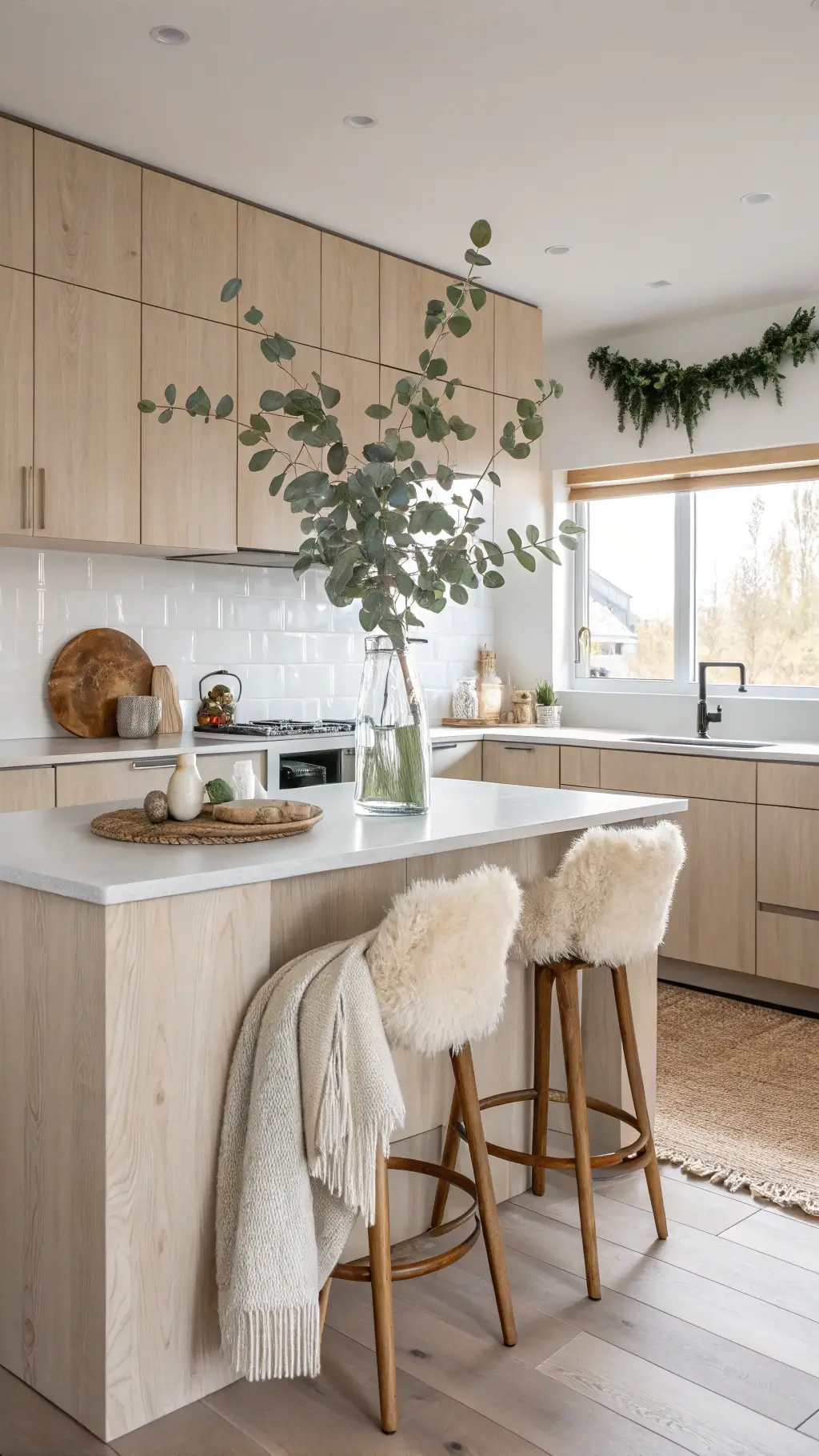 Scandinavian-style 10x12ft kitchen with pale birch cabinets, matte white ceramics, sheepskin-covered bar stool, and eucalyptus in glass vase, bathed in soft early morning light.