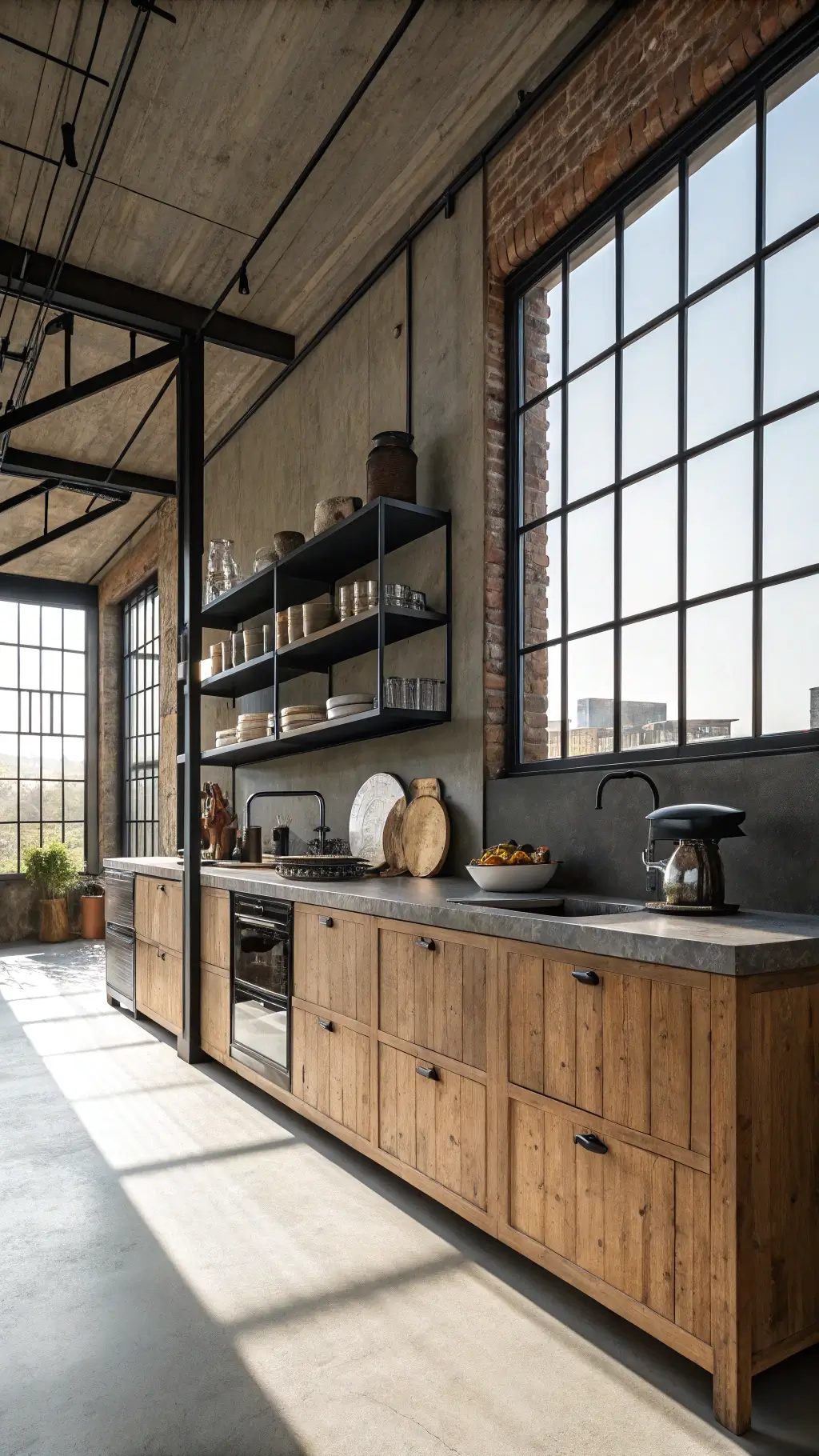 Industrial modern loft kitchen with reclaimed wood cabinets, factory windows casting dramatic light, black steel shelves, concrete counters, and vintage cookware accents.