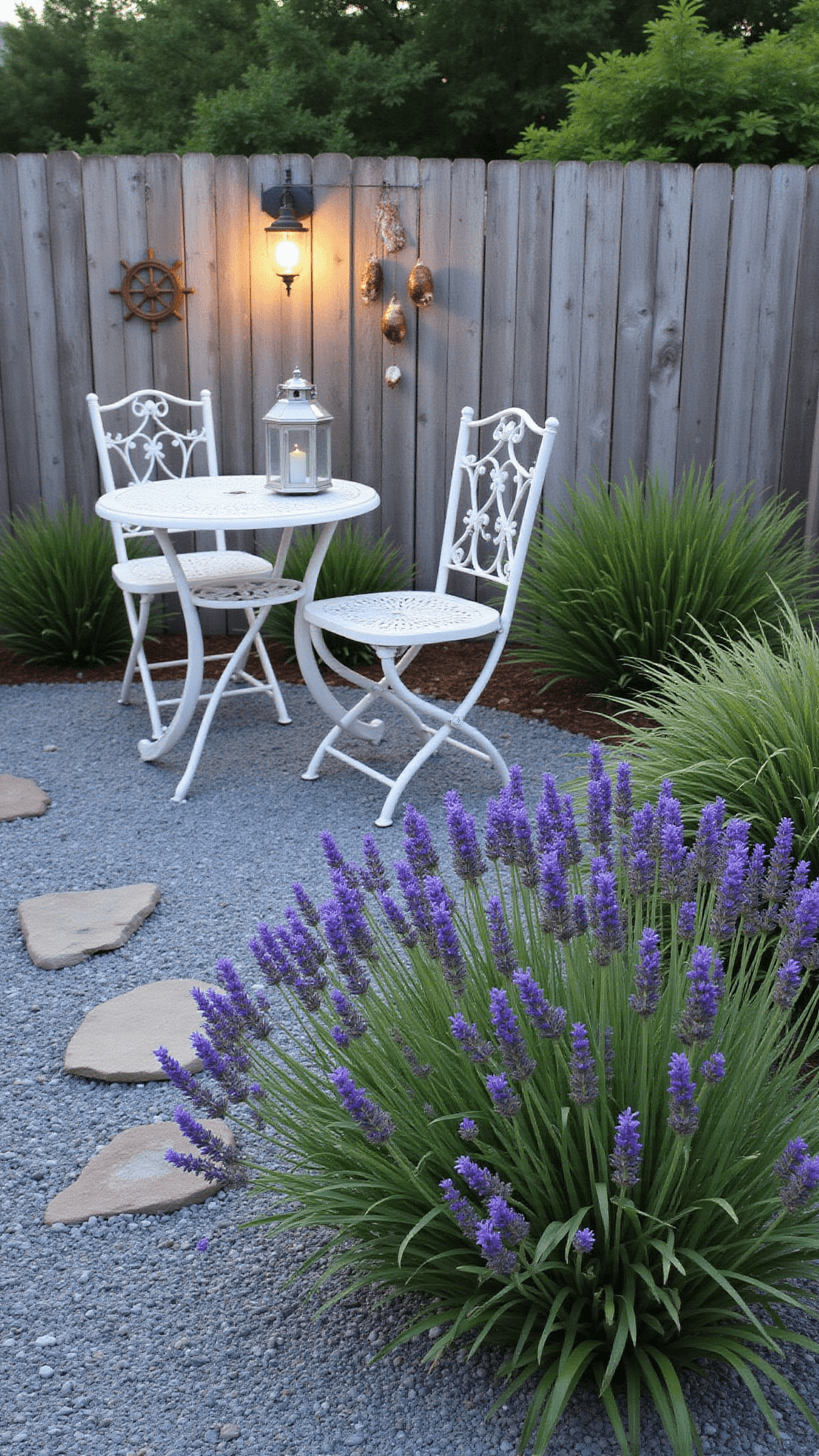 Coastal garden nook at twilight with white bistro set, lavender, grasses, mercury glass lanterns, and vintage ship wheel on fence.