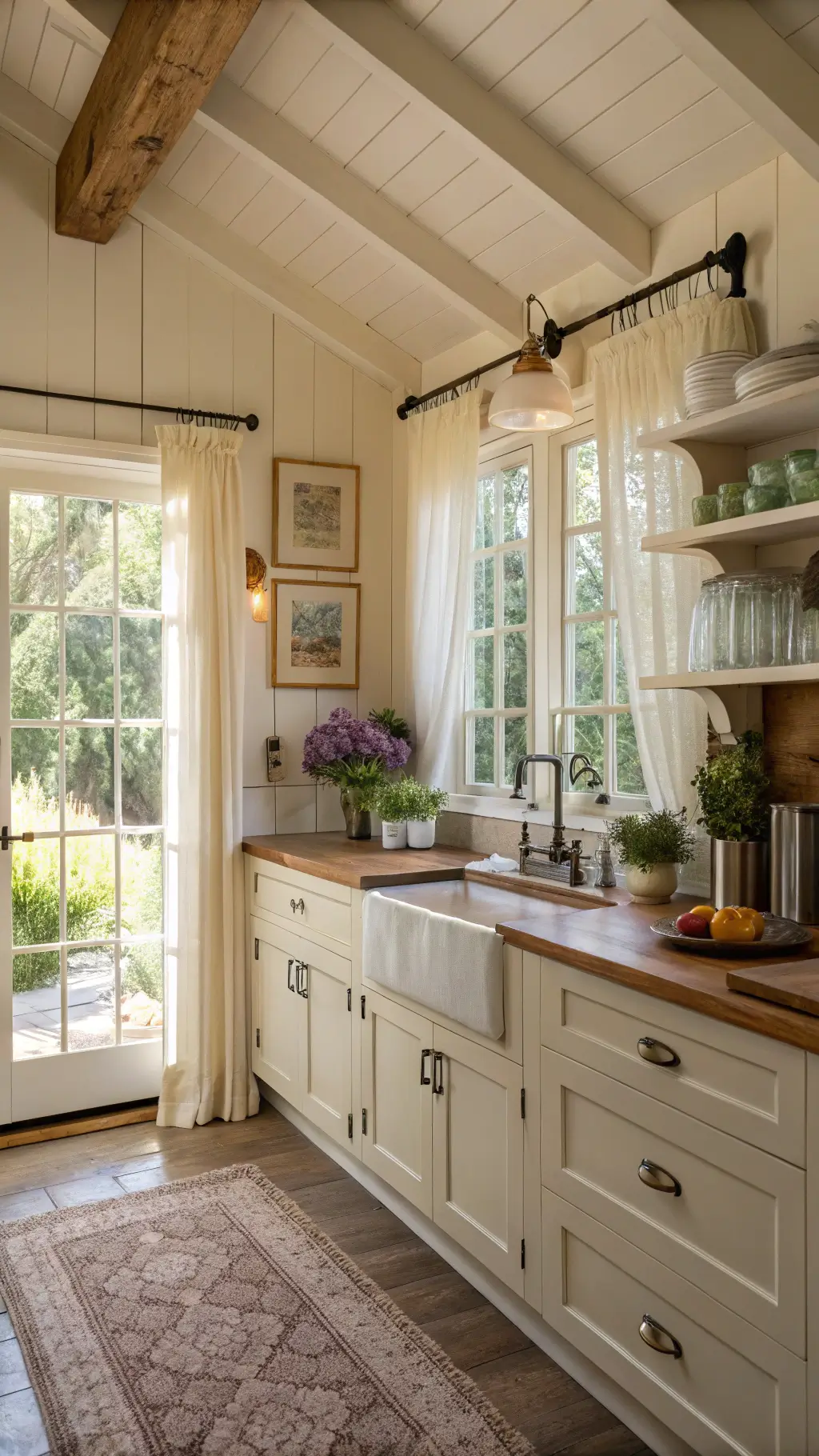 Cozy cottage kitchen with cream-white cabinets, butcher block counters, beamed ceiling, and soft afternoon light filtering through sheer curtains.