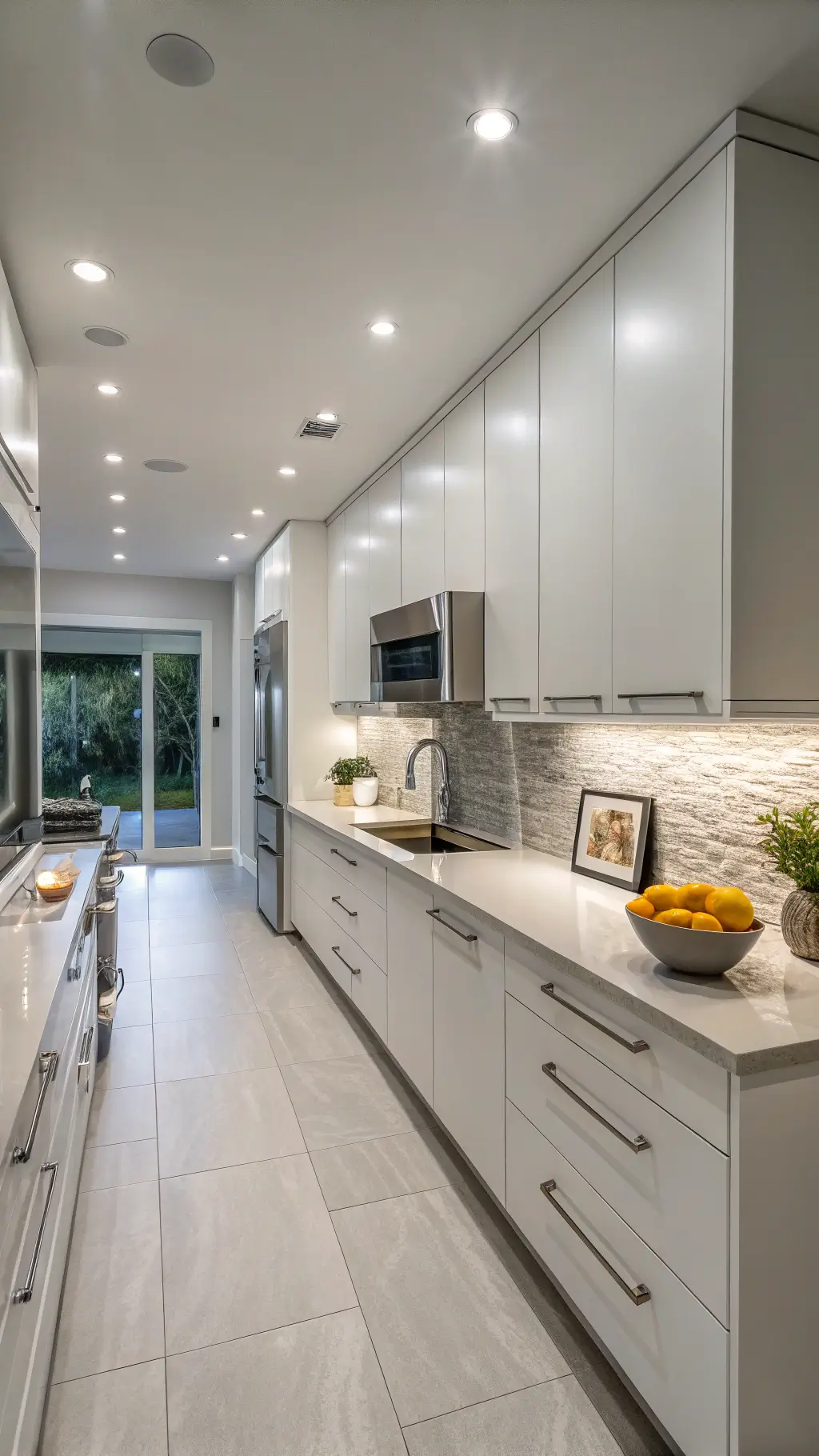 Contemporary 10'x18' galley kitchen with white flat-panel cabinets, chrome details, quartz counters, glass tile backsplash, soffit lighting, and geometric styling.