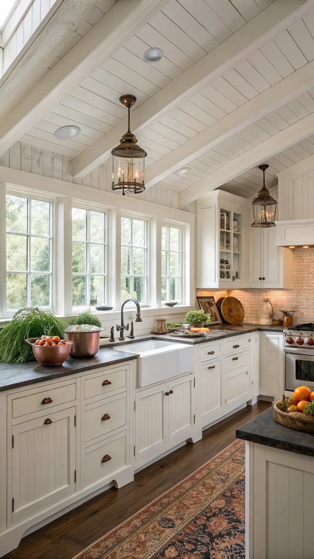 Farmhouse kitchen with white planked ceiling, exposed beams, soapstone counters, apron sink, and vintage decor in natural mid-morning light.