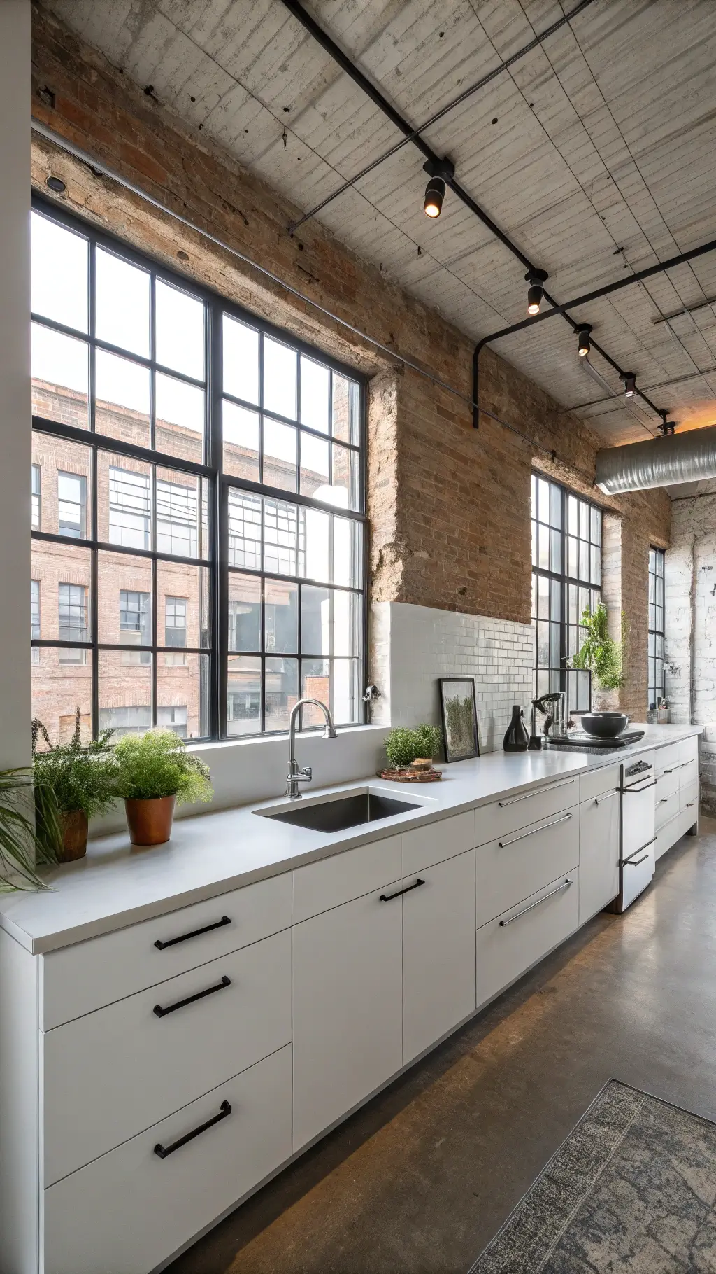 Modern urban loft kitchen with white slab cabinets, exposed brick wall, stainless steel counters, and industrial windows under a concrete ceiling.