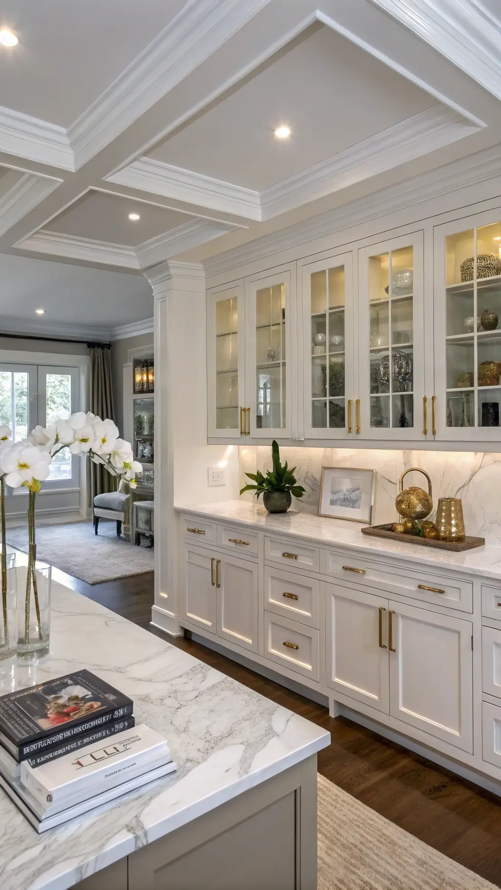 Transitional open-concept kitchen with coffered ceiling, white recessed panel cabinets, marble countertops, and brass hardware, styled with orchids and metallic accents.