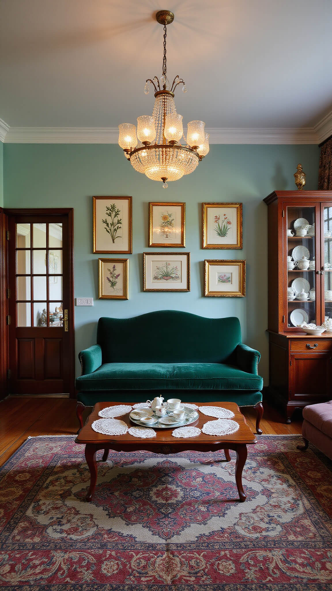 Victorian-style formal living room with emerald velvet settee, crystal chandelier, vintage botanical gallery wall, porcelain teacup display, and ambient twilight lighting.