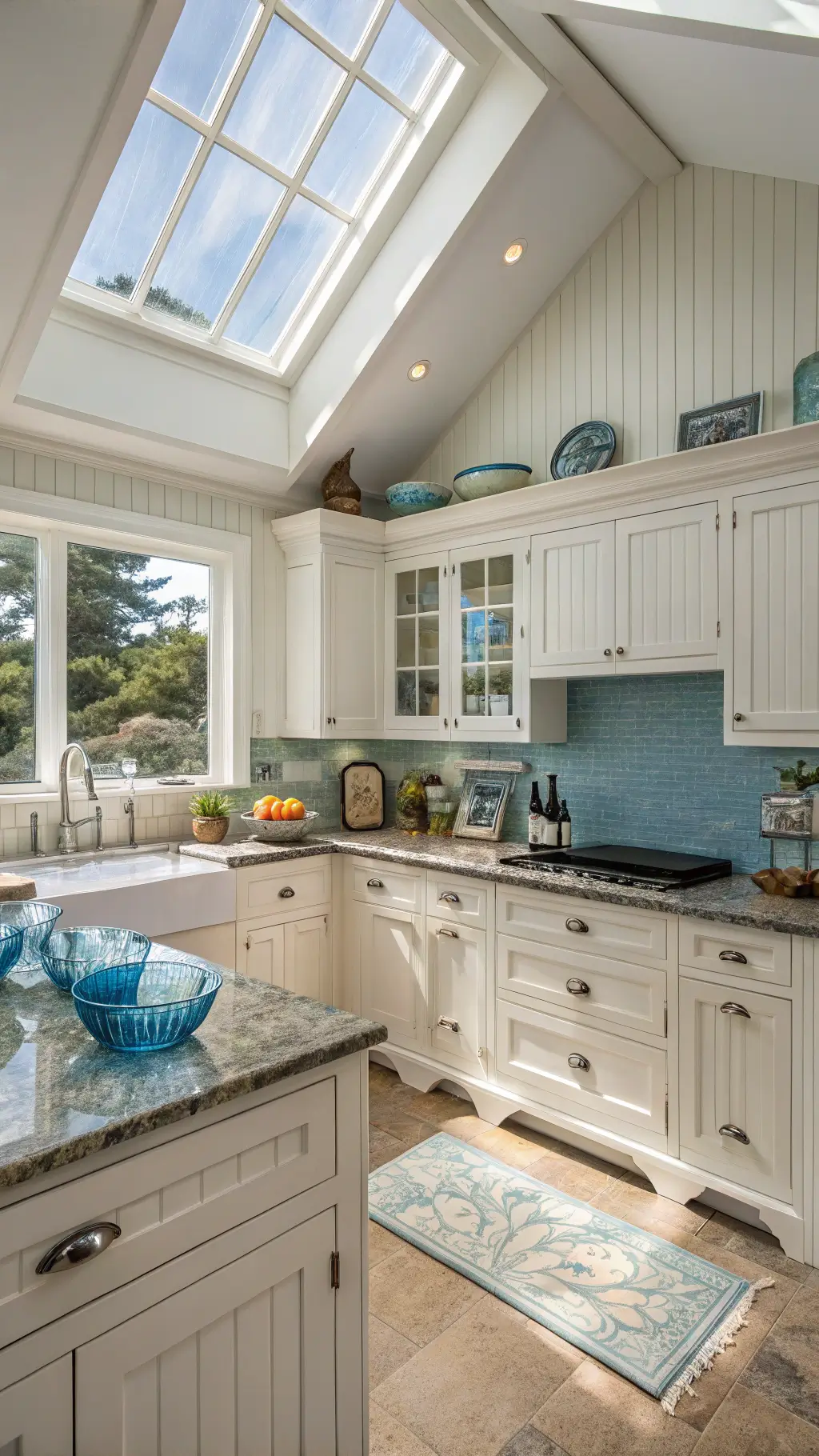 Coastal kitchen with white beadboard cabinets, blue glass tile backsplash, and honed granite counters under skylight; decorated with shells, driftwood, and blue glassware.