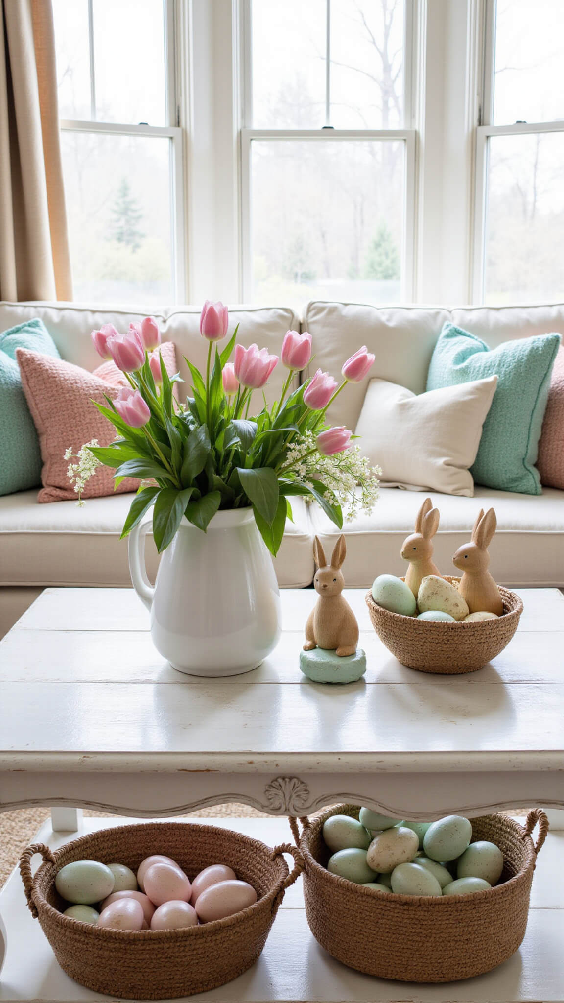 Sunlit living room with cream sofa, pastel pillows, tulips and cherry blossoms in a vase, vintage bunny sculptures, and baskets of painted eggs on a whitewashed coffee table.