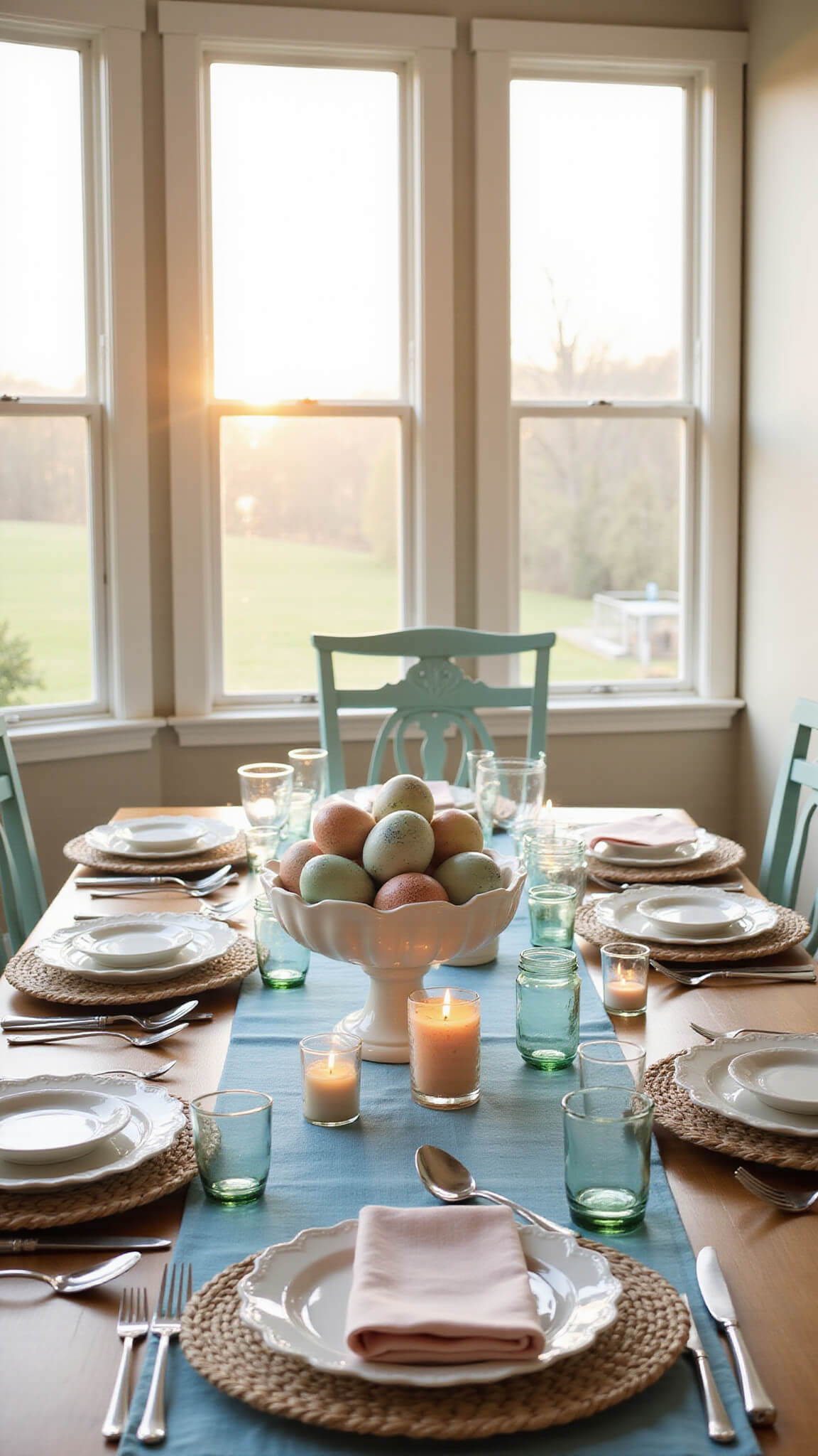 Golden hour light filters through tall windows onto a farmhouse dining table with pastel ceramic egg centerpiece, blush napkins, and glowing mason jar votives.
