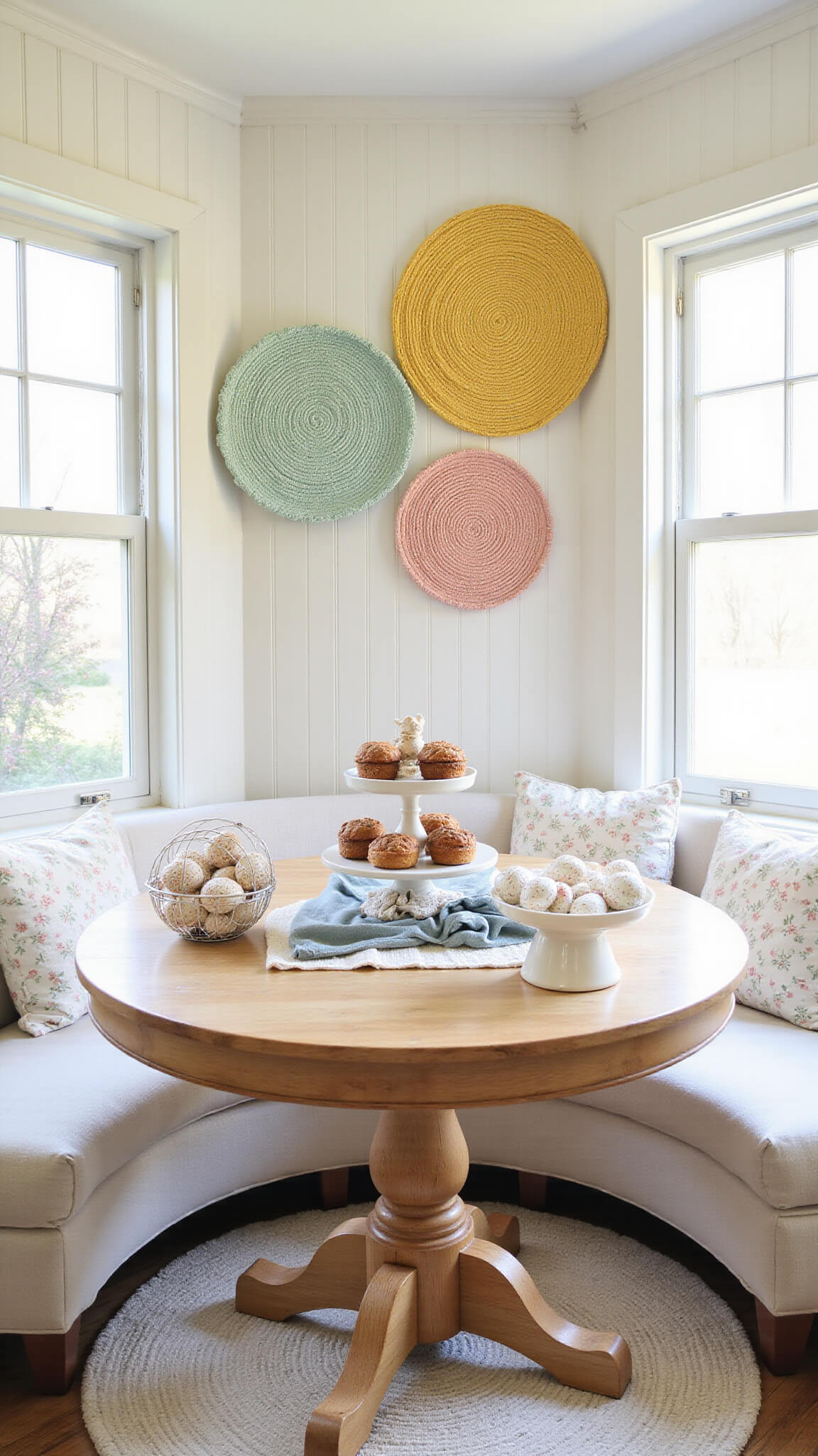 Cozy 10x12ft breakfast nook with white-paneled walls, round weathered oak table, woven wall hangings in soft hues, and Easter treats displayed on milk glass stands.