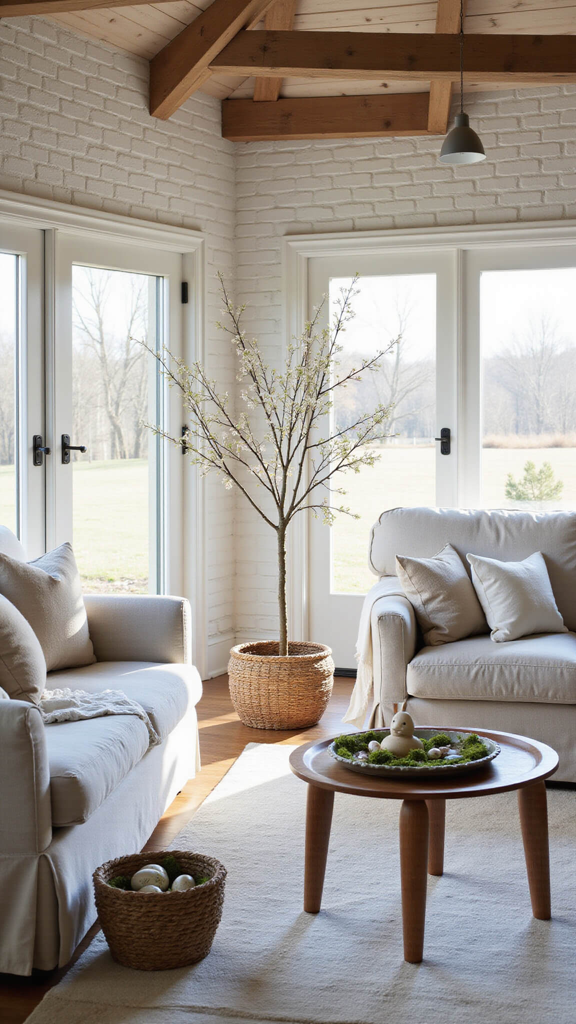 Bright Scandinavian-style great room with exposed beams, Easter tree centerpiece, and soft afternoon shadows on whitewashed brick.