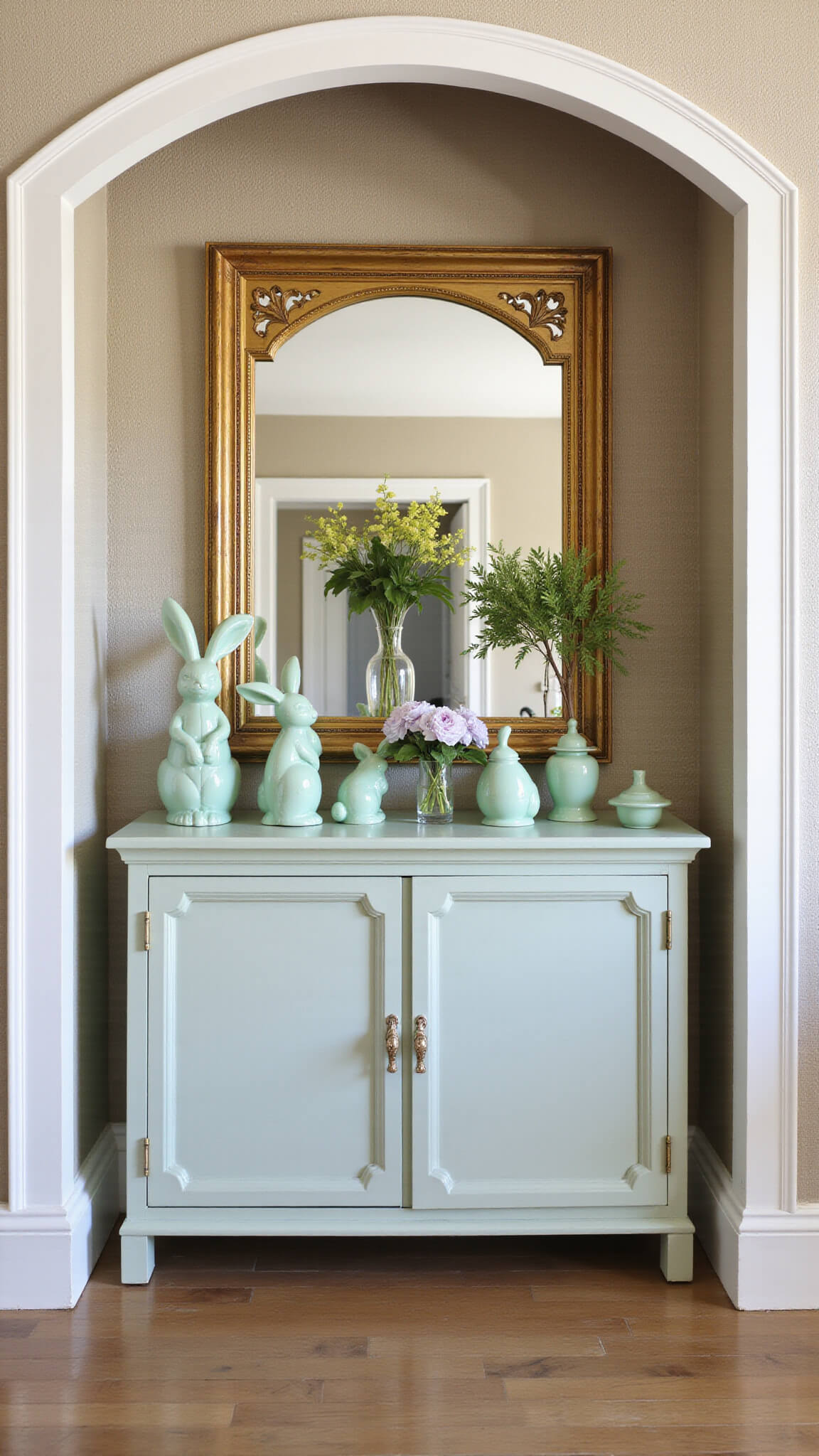 Symmetrical entryway with arched doorway, mint green ceramic bunnies on console, gilt mirror reflecting spring blooms, and textured grasscloth wallpaper.