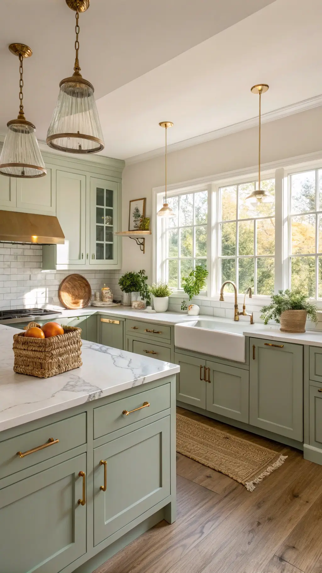 Wide-angle view of a sunlit sage green kitchen with brass accents, white marble countertops, farmhouse sink, oak floors, and artisanal decor at golden hour.